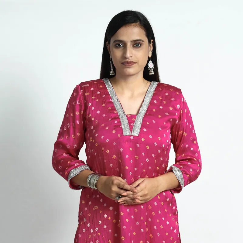Pink - Bandhani Tie-Dye Modal Silk Straight Kurta made by Itokri