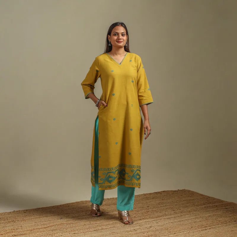 Straight Cotton Hand Embroidered Jamdani Border Thread Buti Kurta for women 02 sold by Itokri