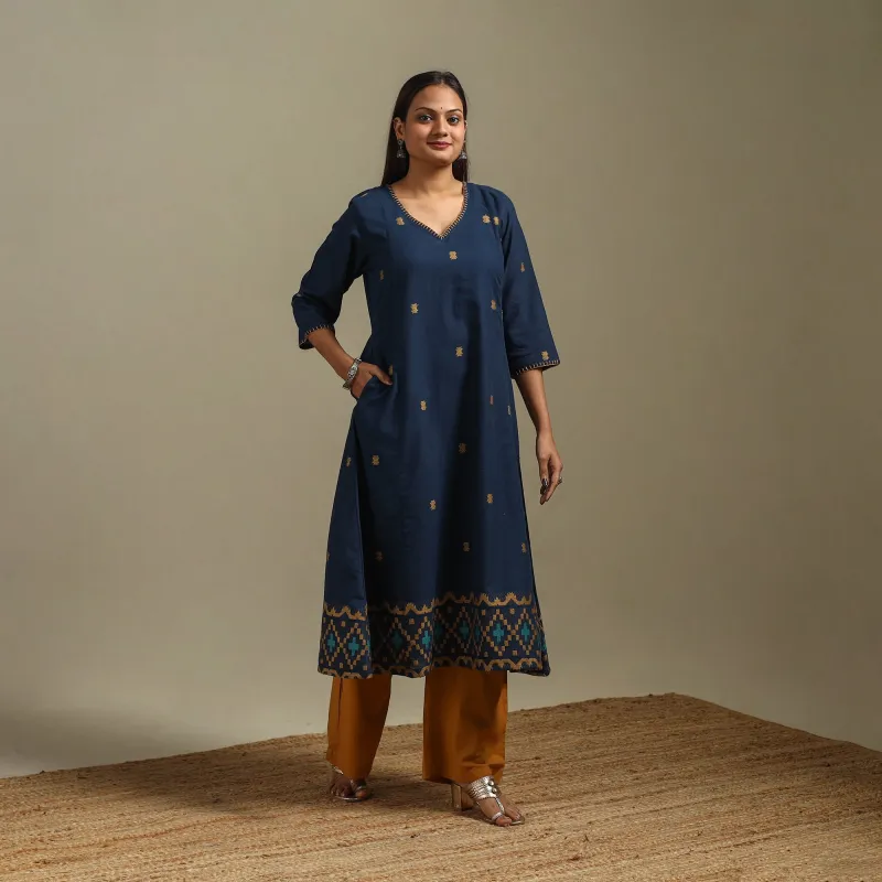 A-Line Cotton Hand Embroidered Jamdani Border Thread Buti Kurta for women 08 sold by Itokri