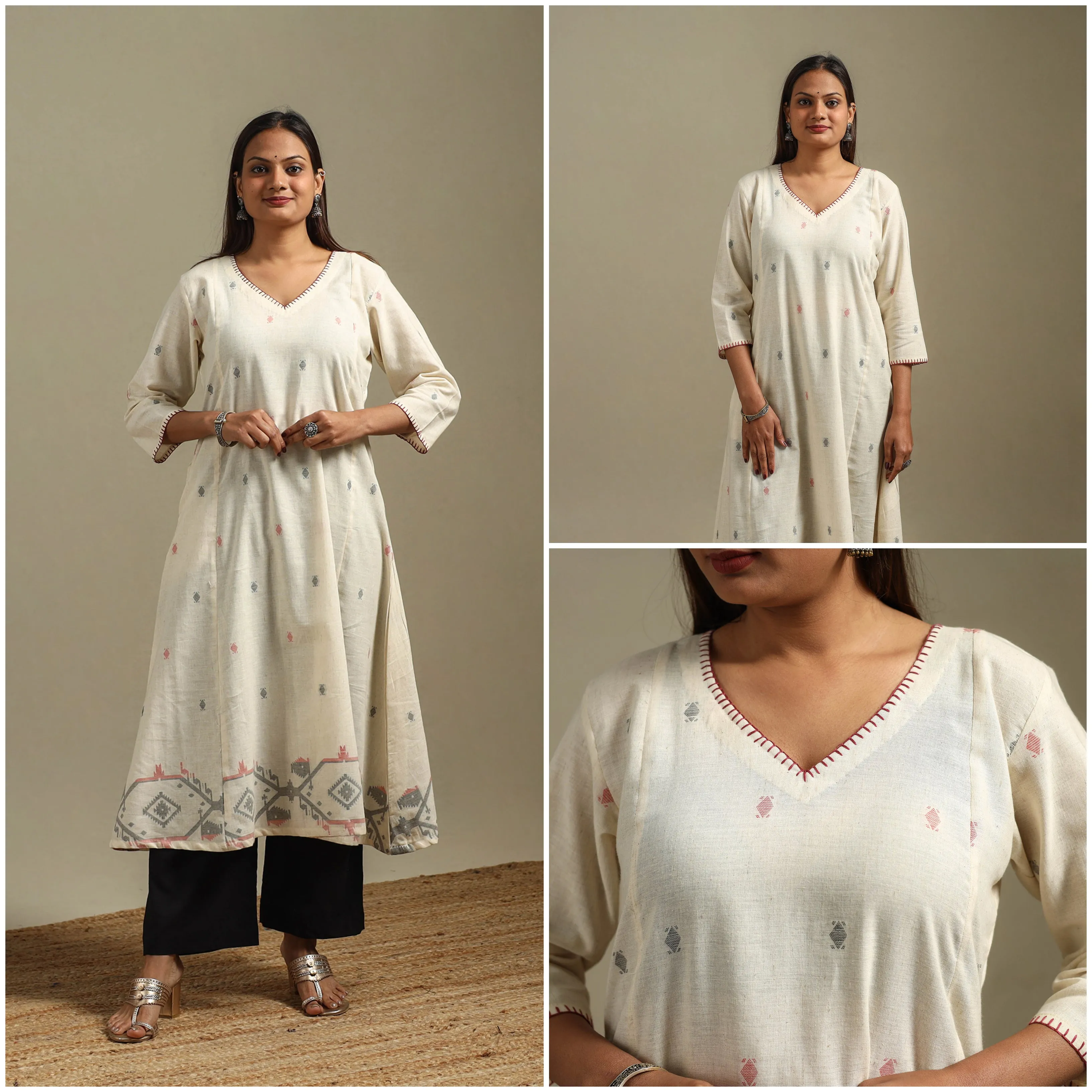 White - A-Line Cotton Hand Embroidered Jamdani Border Thread Buti Kurta for women 07 sold by Itokri product image thumbnail 3