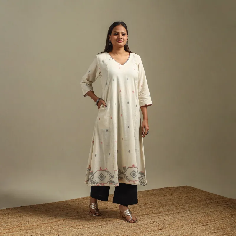 White - A-Line Cotton Hand Embroidered Jamdani Border Thread Buti Kurta for women 07 sold by Itokri