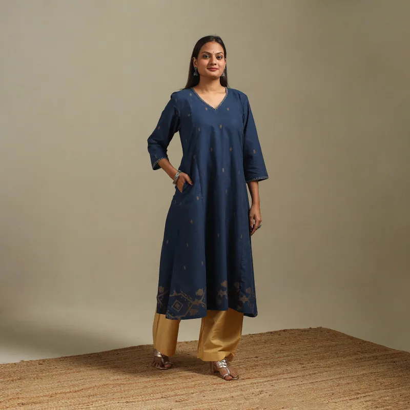 Blue - A-Line Cotton Hand Embroidered Jamdani Border Thread Buti Kurta for women 06 sold by Itokri