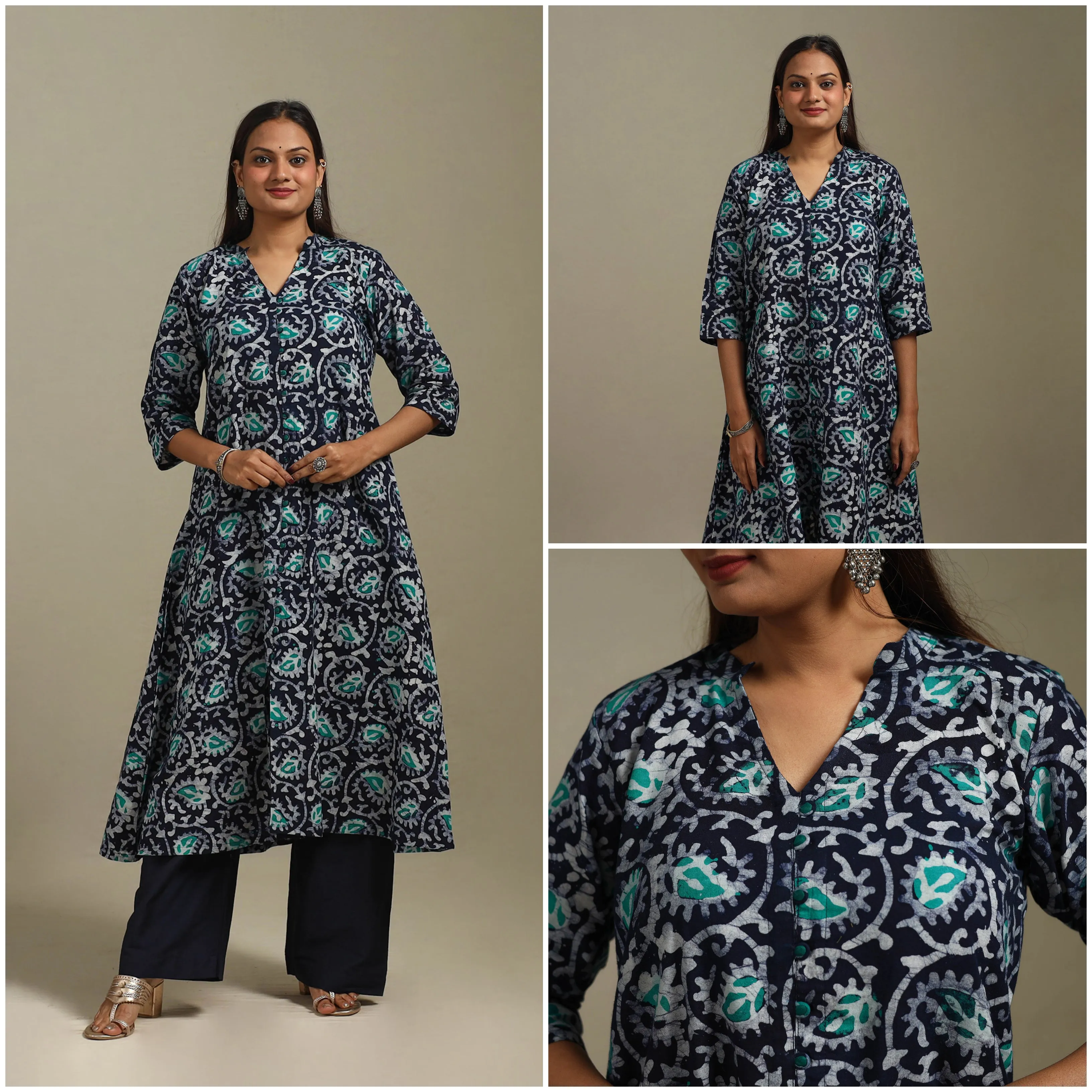 Blue - A-Line Cotton Hand Block Batik Print Kurta for women 18 sold by Itokri product image thumbnail 3