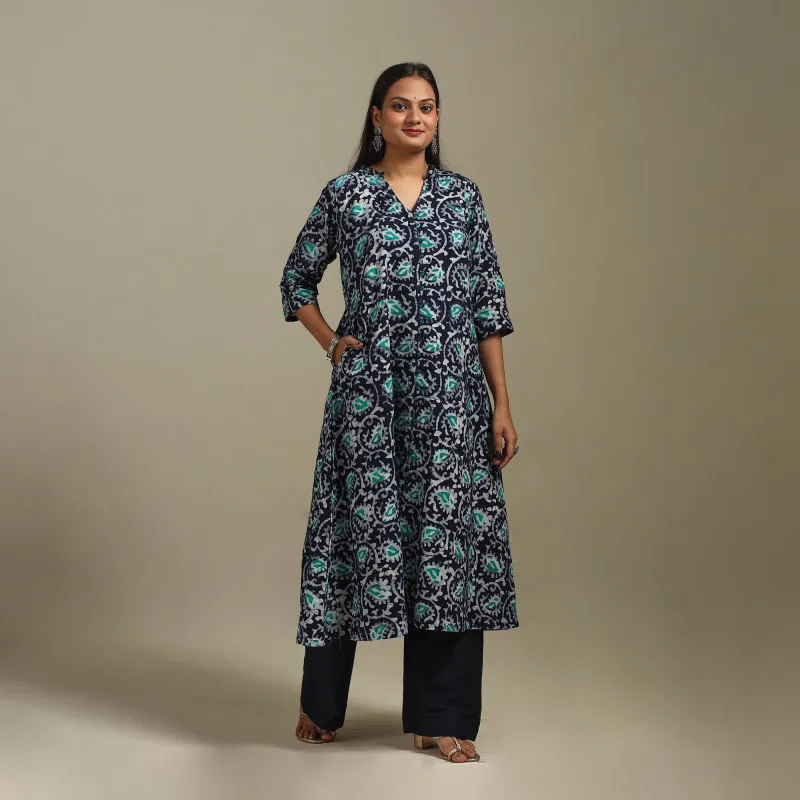 Blue - A-Line Cotton Hand Block Batik Print Kurta for women 18 sold by Itokri
