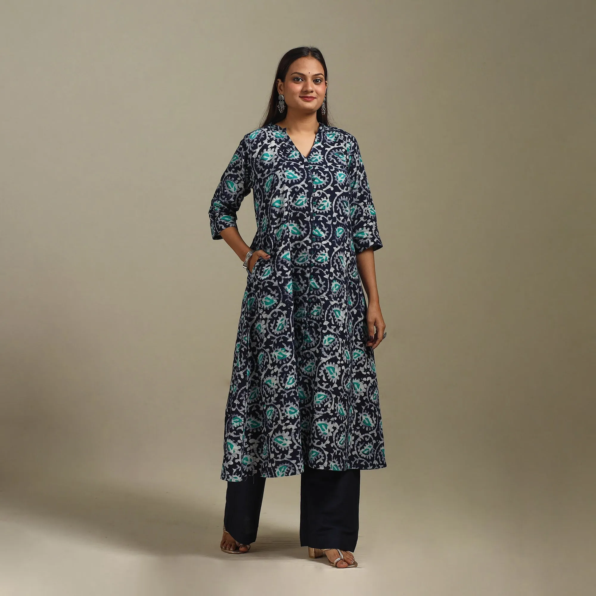Blue - A-Line Cotton Hand Block Batik Print Kurta for women 18 sold by Itokri