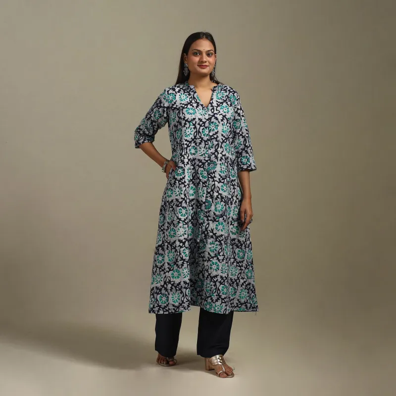 Blue - A-Line Cotton Hand Block Batik Print Kurta for women 19 sold by Itokri