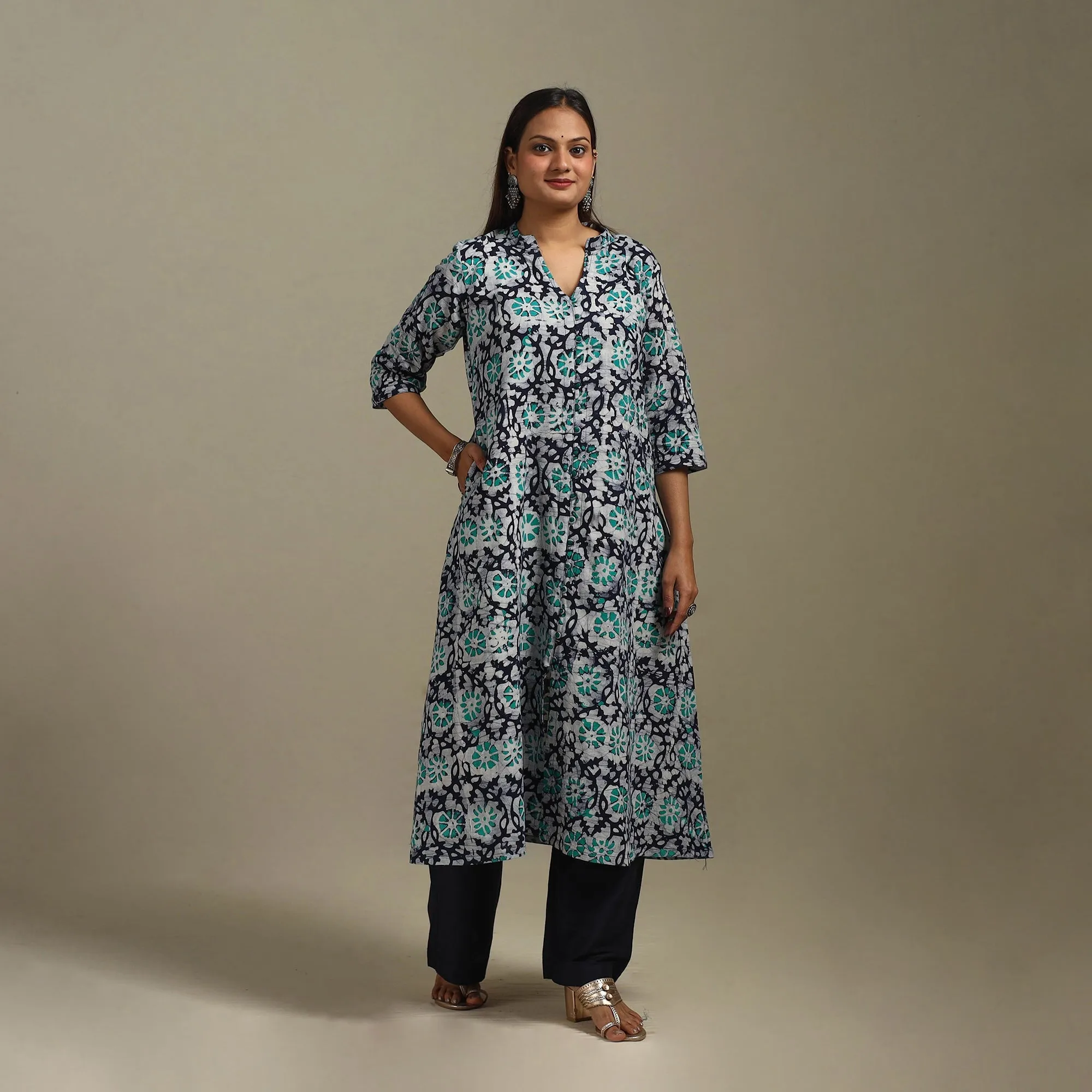 Blue - A-Line Cotton Hand Block Batik Print Kurta for women 19 sold by Itokri