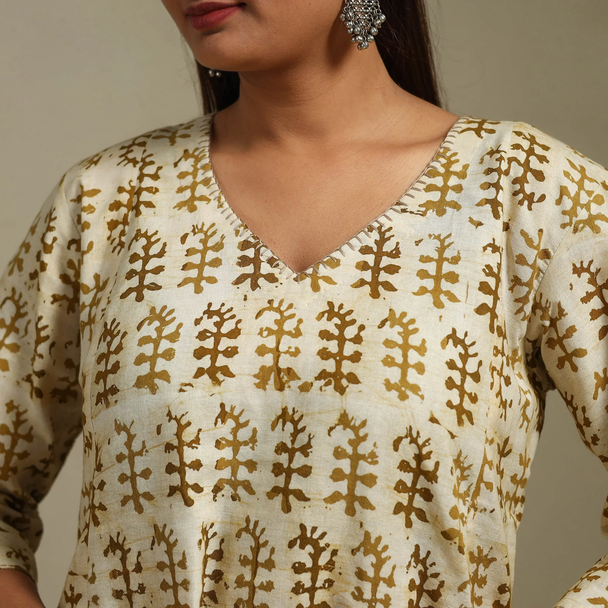 Beige - A-Line Embroidered Cotton Hand Block Batik Print Kurta for women 11 sold by Itokri product image thumbnail 4