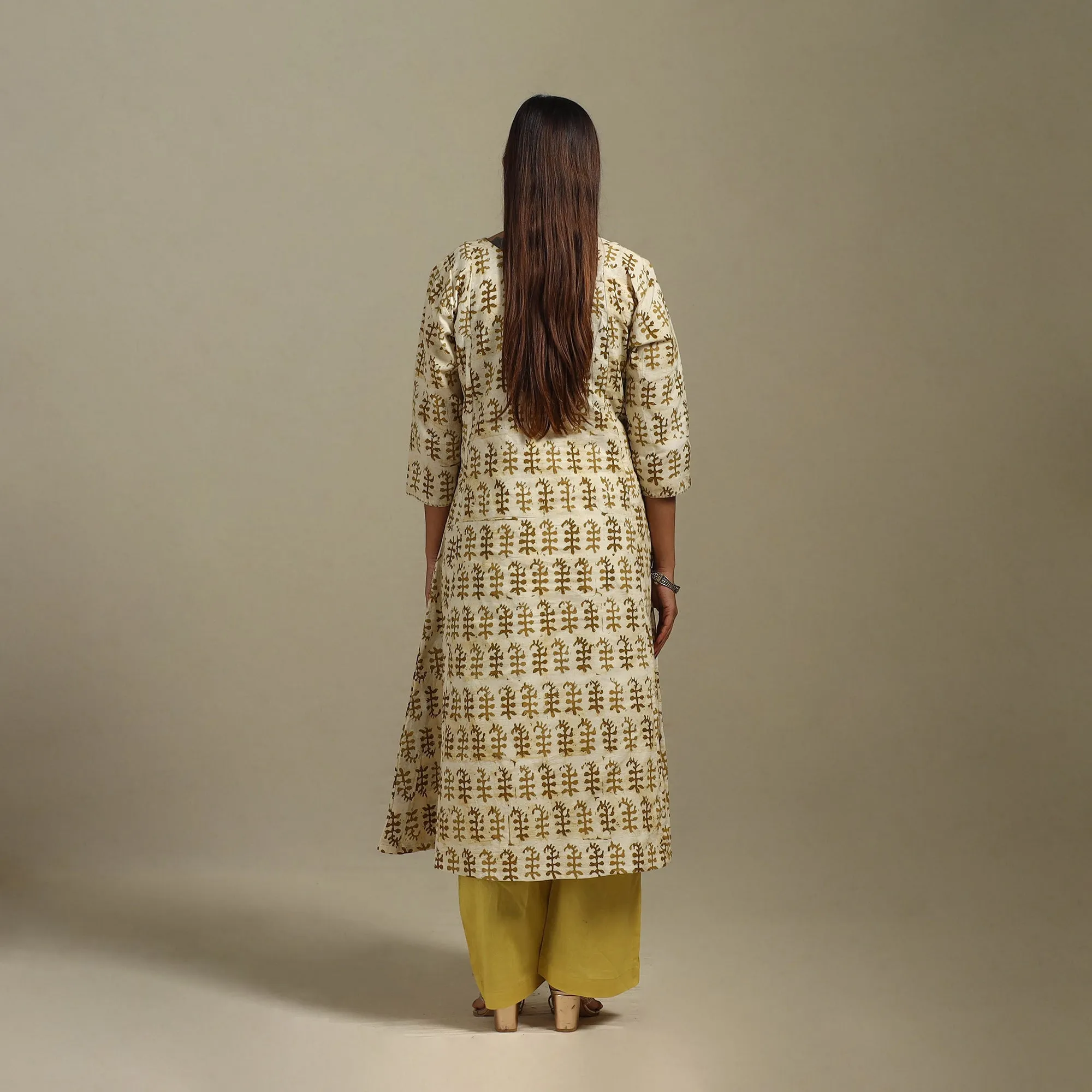 Beige - A-Line Embroidered Cotton Hand Block Batik Print Kurta for women 11 sold by Itokri product image thumbnail 5