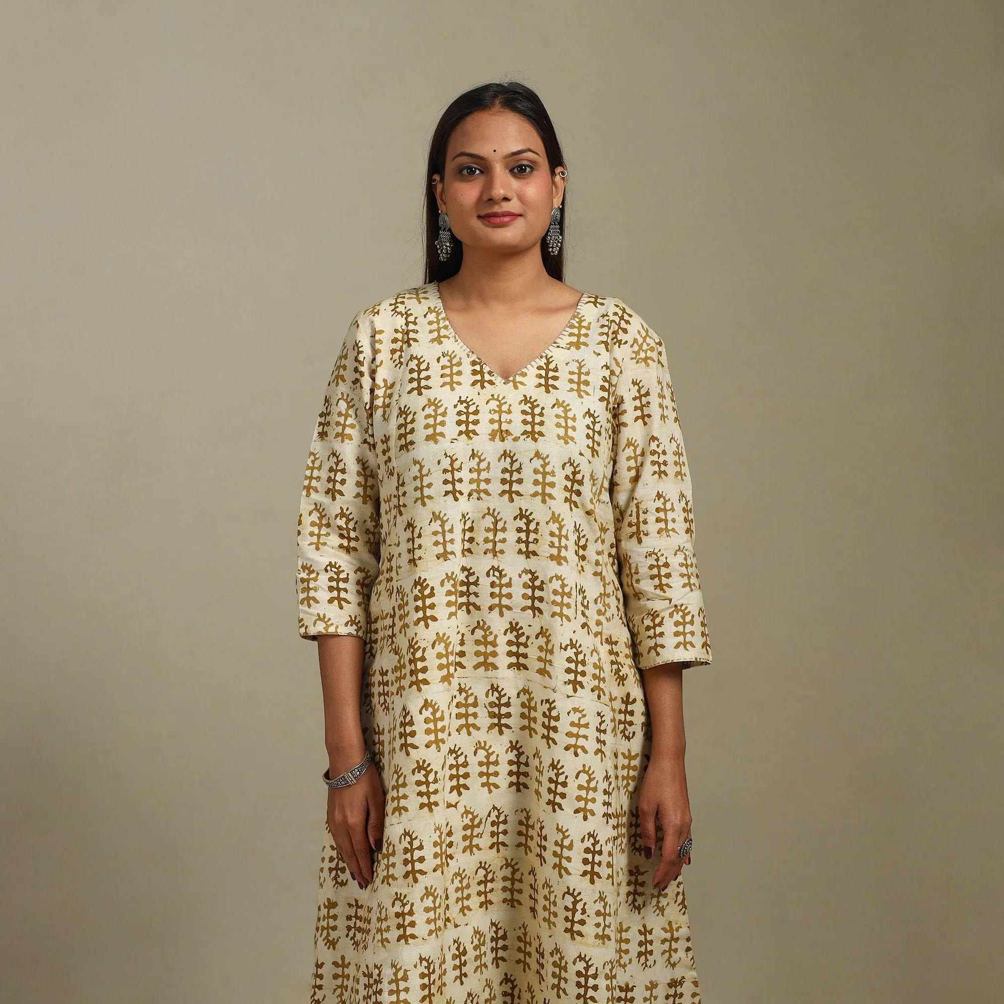Beige - A-Line Embroidered Cotton Hand Block Batik Print Kurta for women 11 sold by Itokri product image thumbnail 2