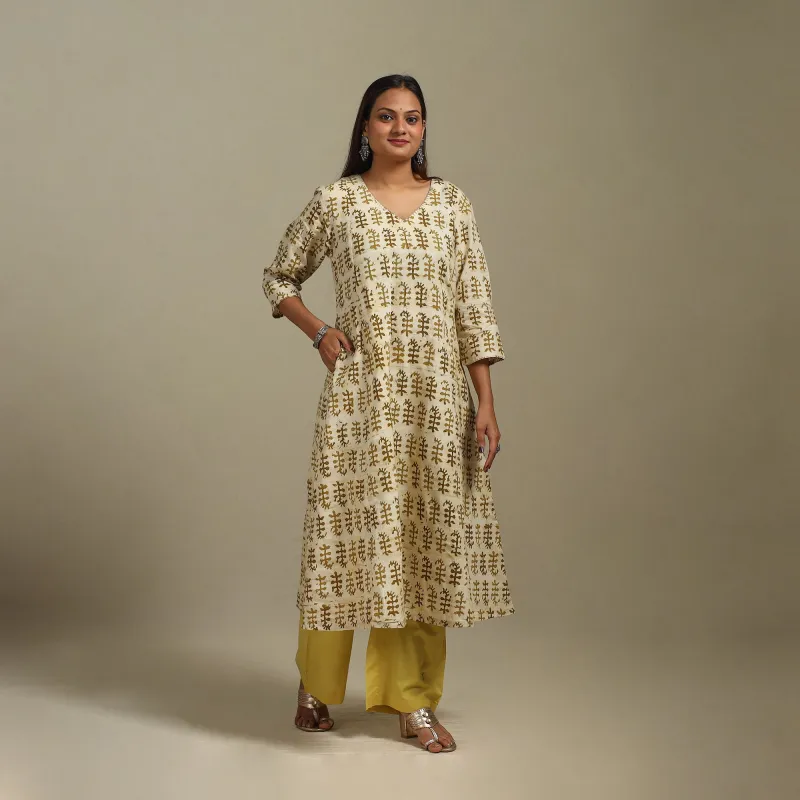 Beige - A-Line Embroidered Cotton Hand Block Batik Print Kurta for women 11 sold by Itokri