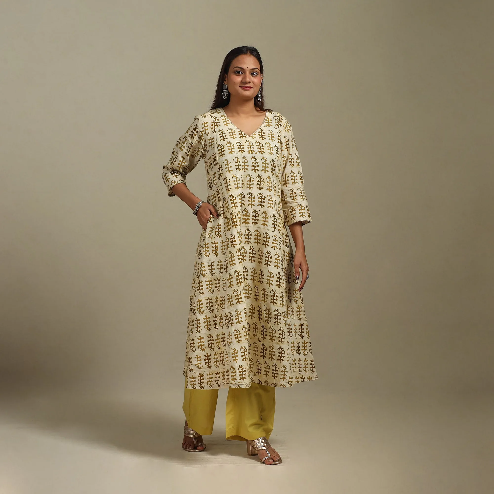 Beige - A-Line Embroidered Cotton Hand Block Batik Print Kurta for women 11 sold by Itokri