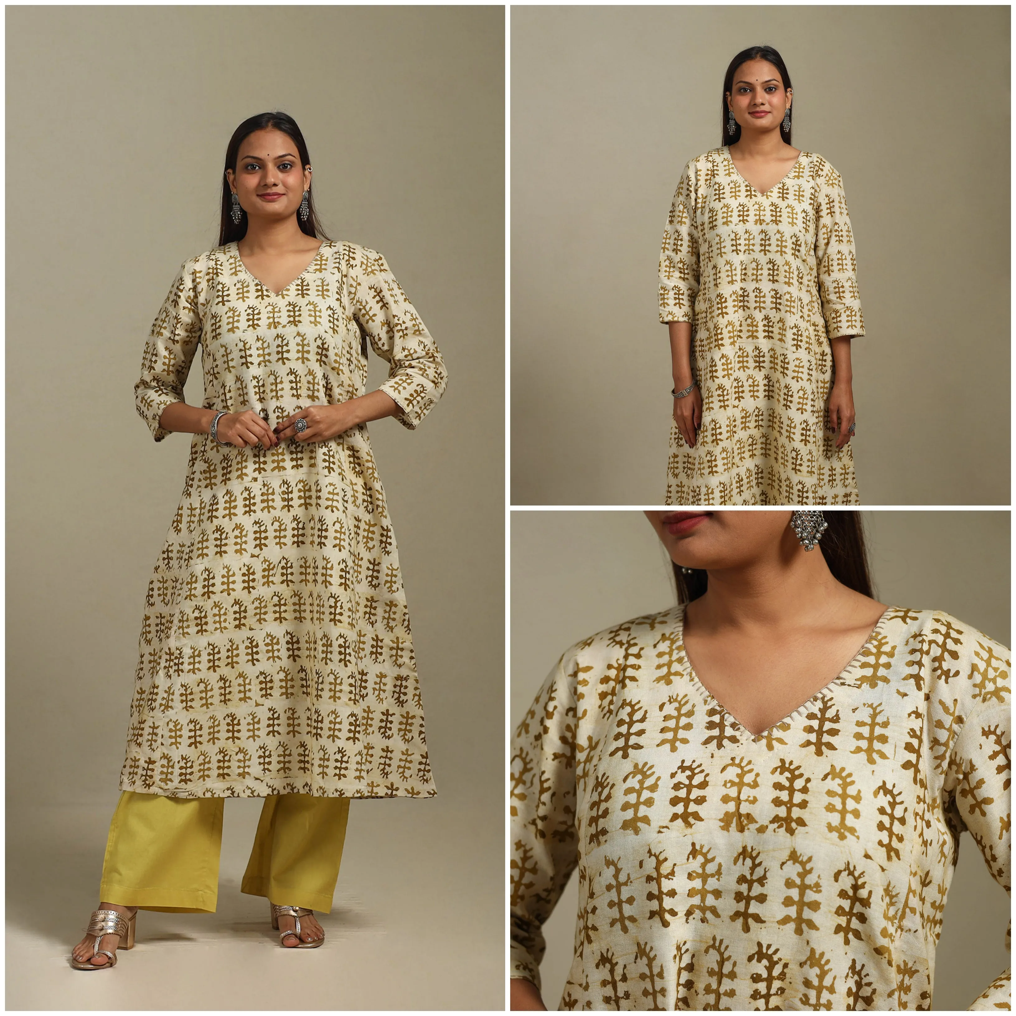Beige - A-Line Embroidered Cotton Hand Block Batik Print Kurta for women 11 sold by Itokri product image thumbnail 3