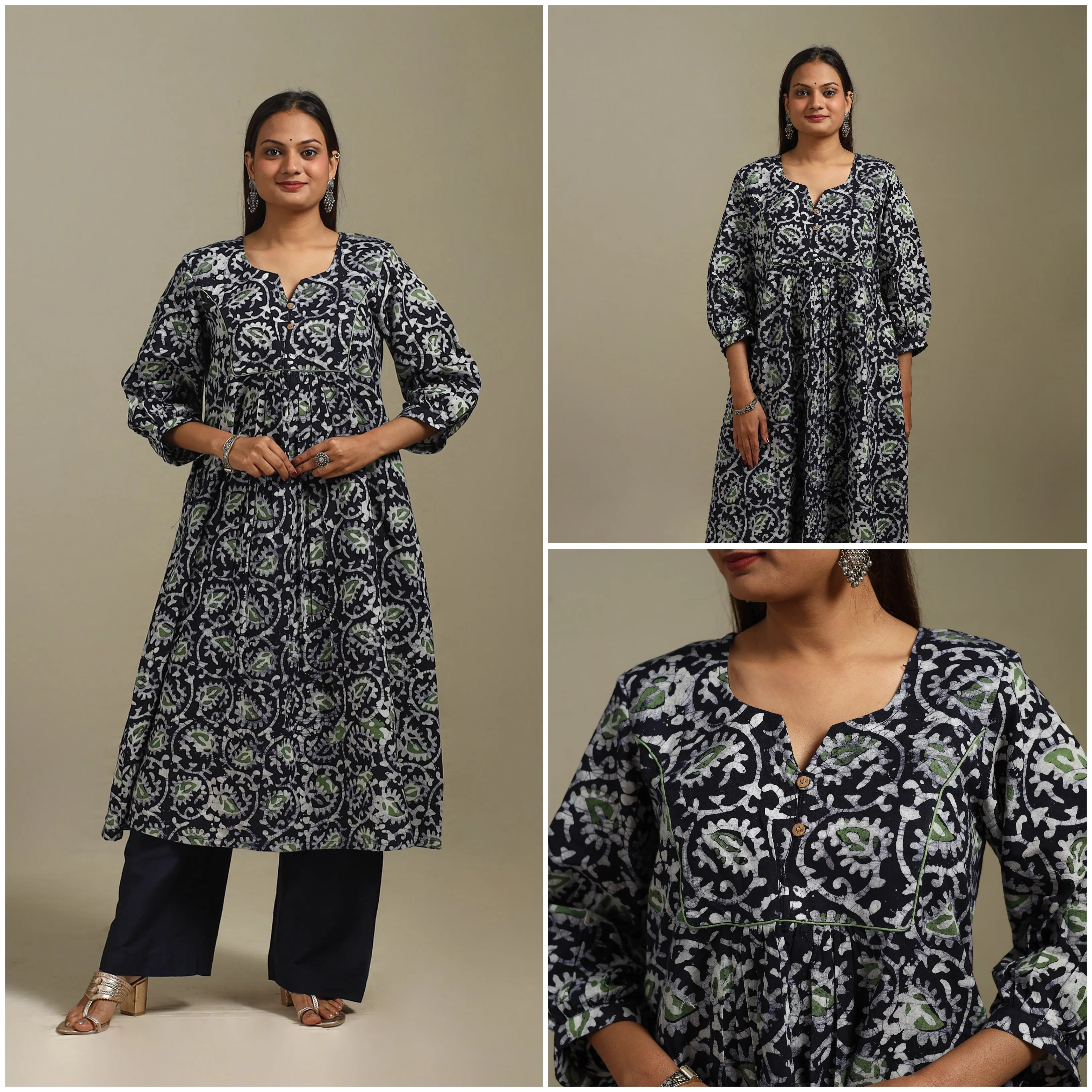 Blue - Flared Cotton Hand Block Batik Print Kurta for women 07 sold by Itokri product image thumbnail 3