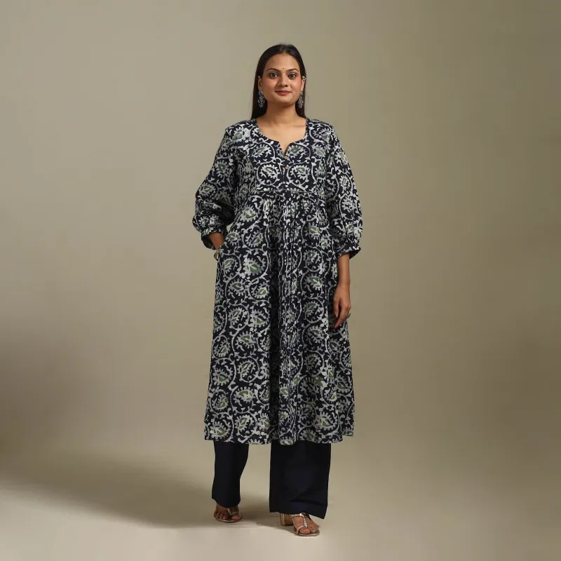 Blue - Flared Cotton Hand Block Batik Print Kurta for women 07 made by Itokri