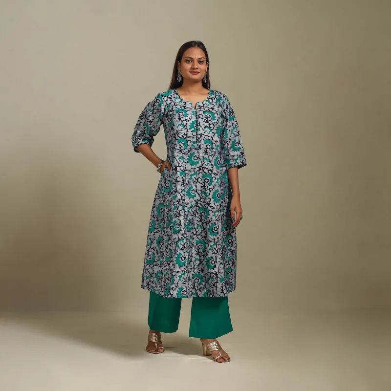 Green - A-Line Cotton Hand Block Batik Print Kurta for women 06 made by Itokri