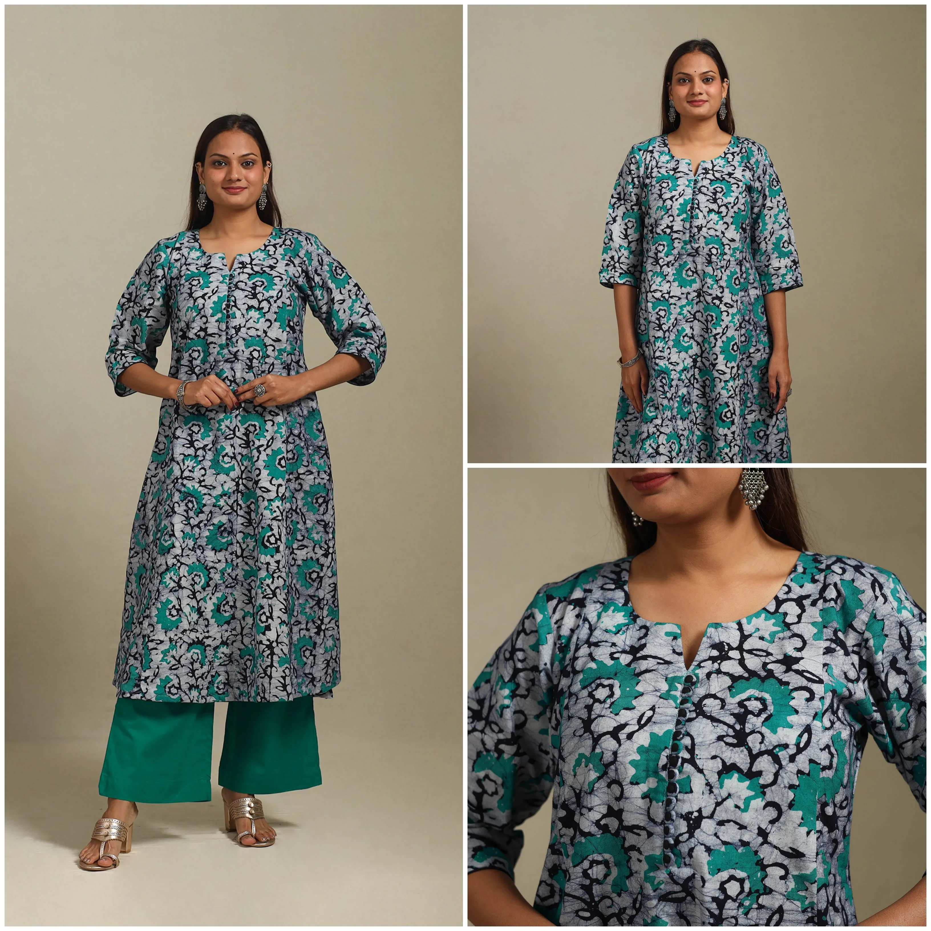 Green - A-Line Cotton Hand Block Batik Print Kurta for women 06 sold by Itokri product image thumbnail 3