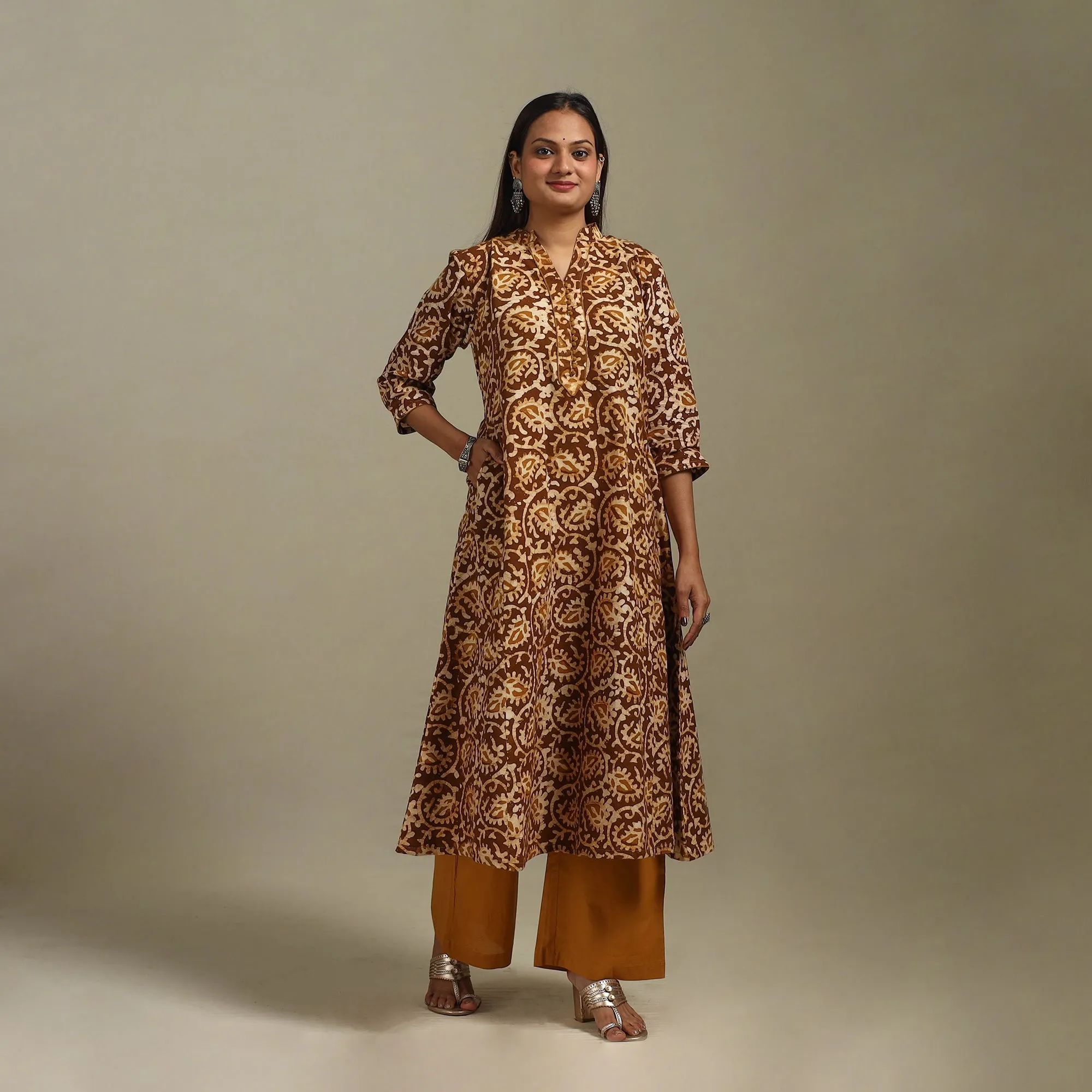 Brown - A-Line Cotton Hand Block Batik Print Kurta for women 02 sold by Itokri