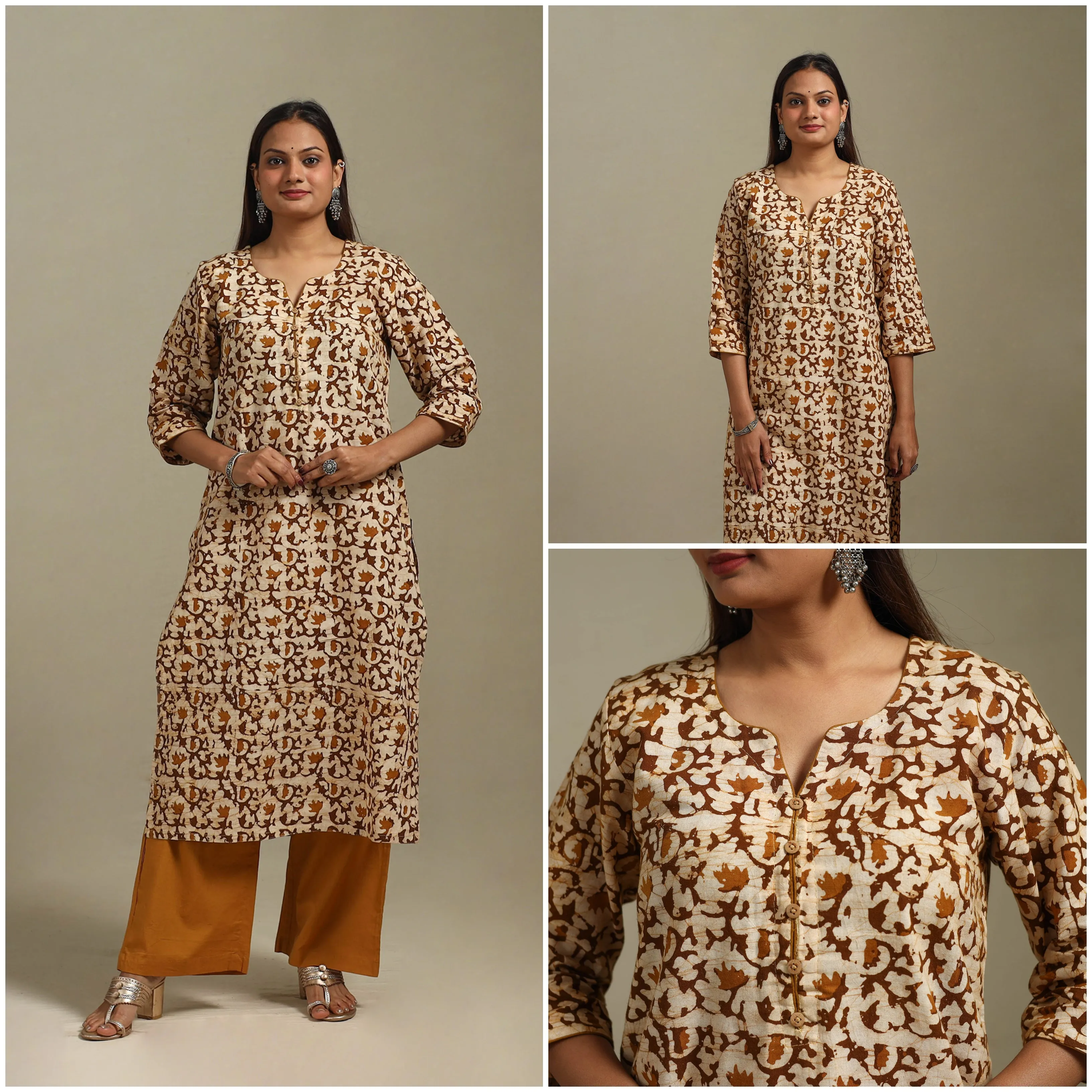 Brown - Straight Cotton Hand Block Batik Print Kurta for women 27 sold by Itokri product image thumbnail 3