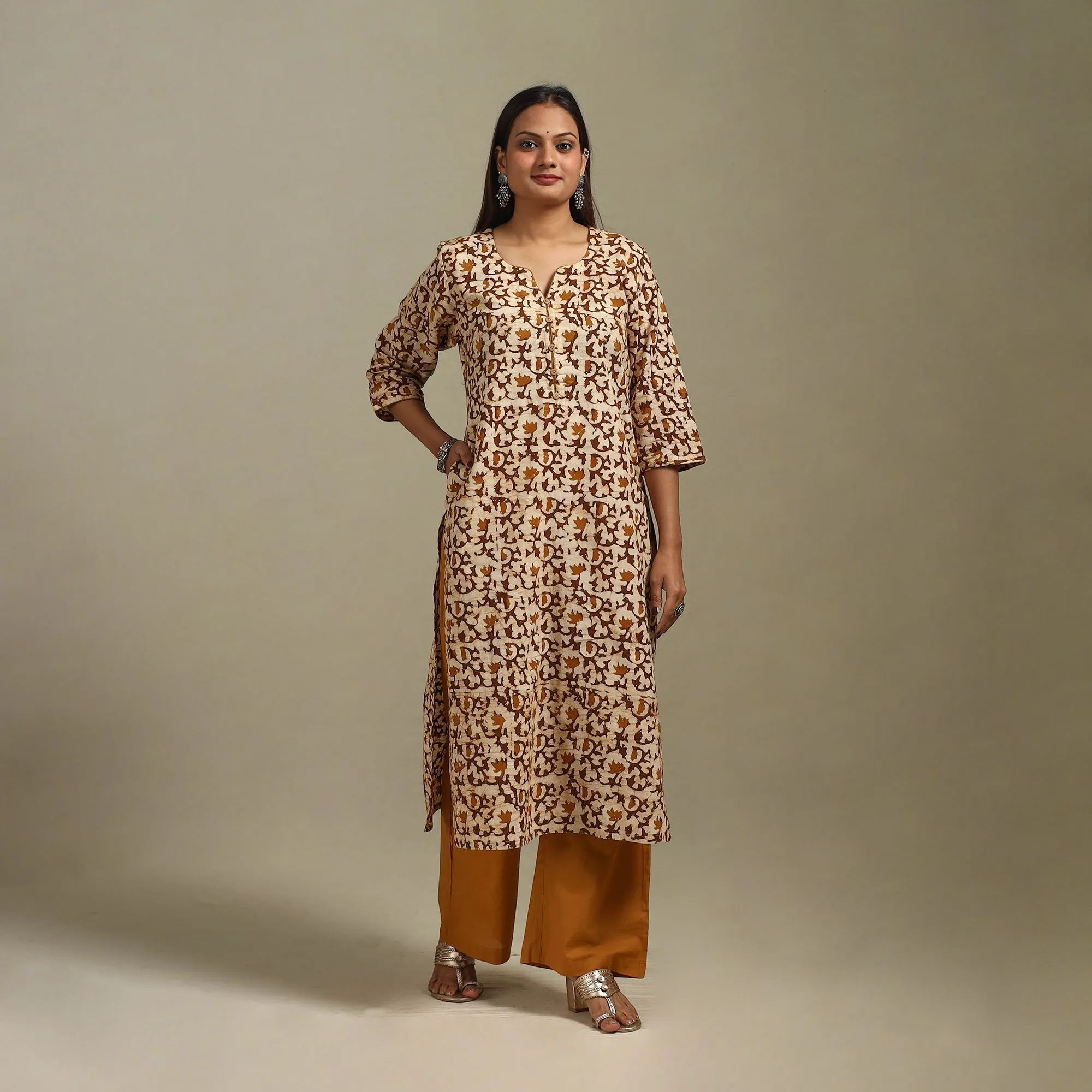 Brown - Straight Cotton Hand Block Batik Print Kurta for women 27 sold by Itokri