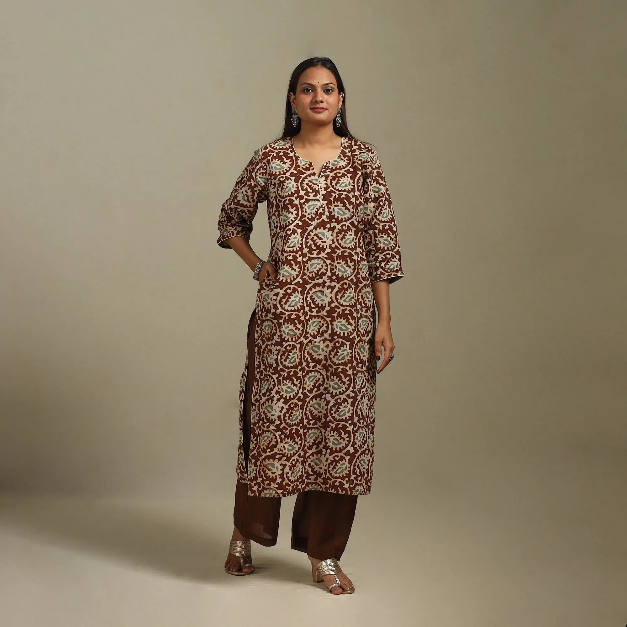 Brown - Straight Cotton Hand Block Batik Print Kurta for women 28 sold by Itokri