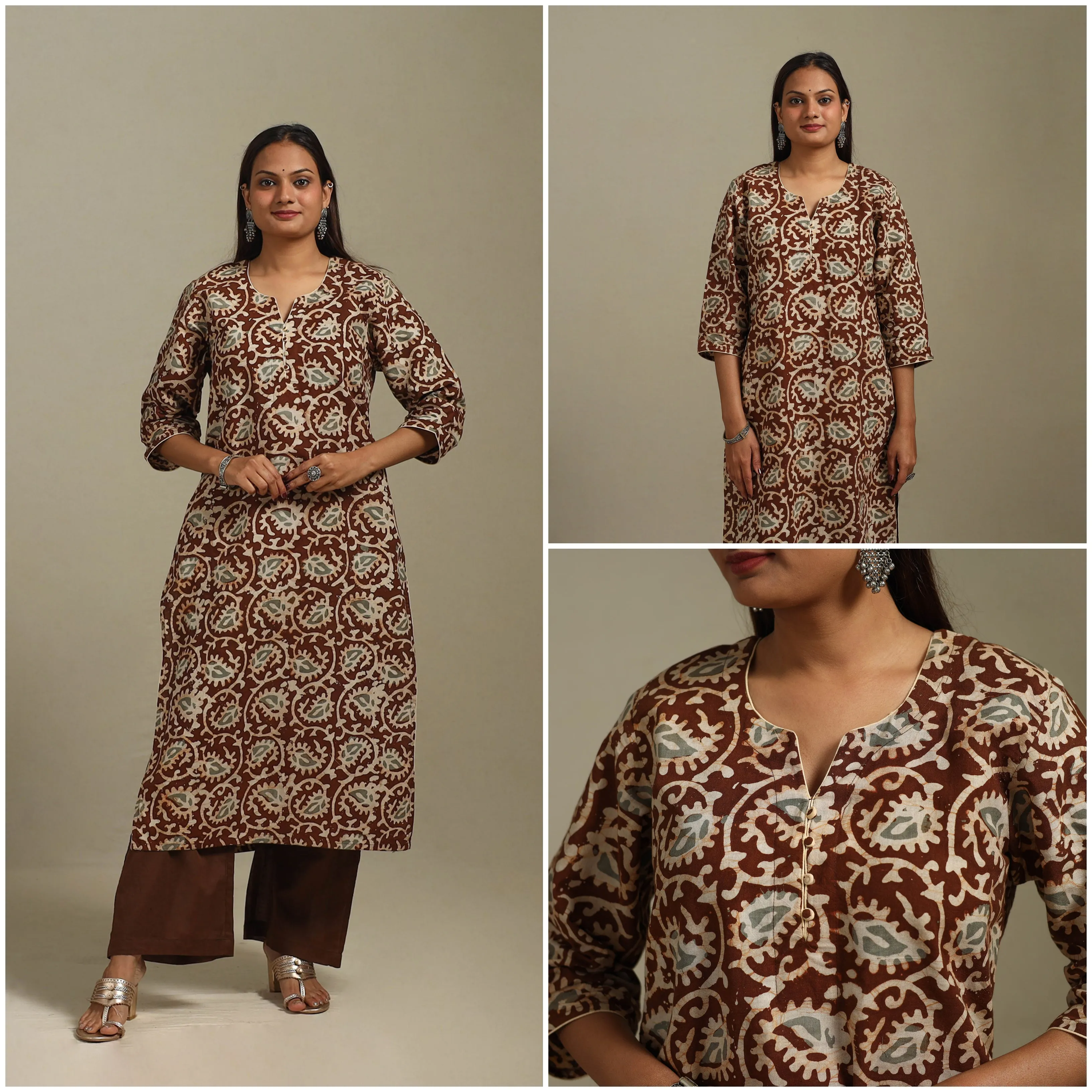 Brown - Straight Cotton Hand Block Batik Print Kurta for women 28 sold by Itokri product image thumbnail 3
