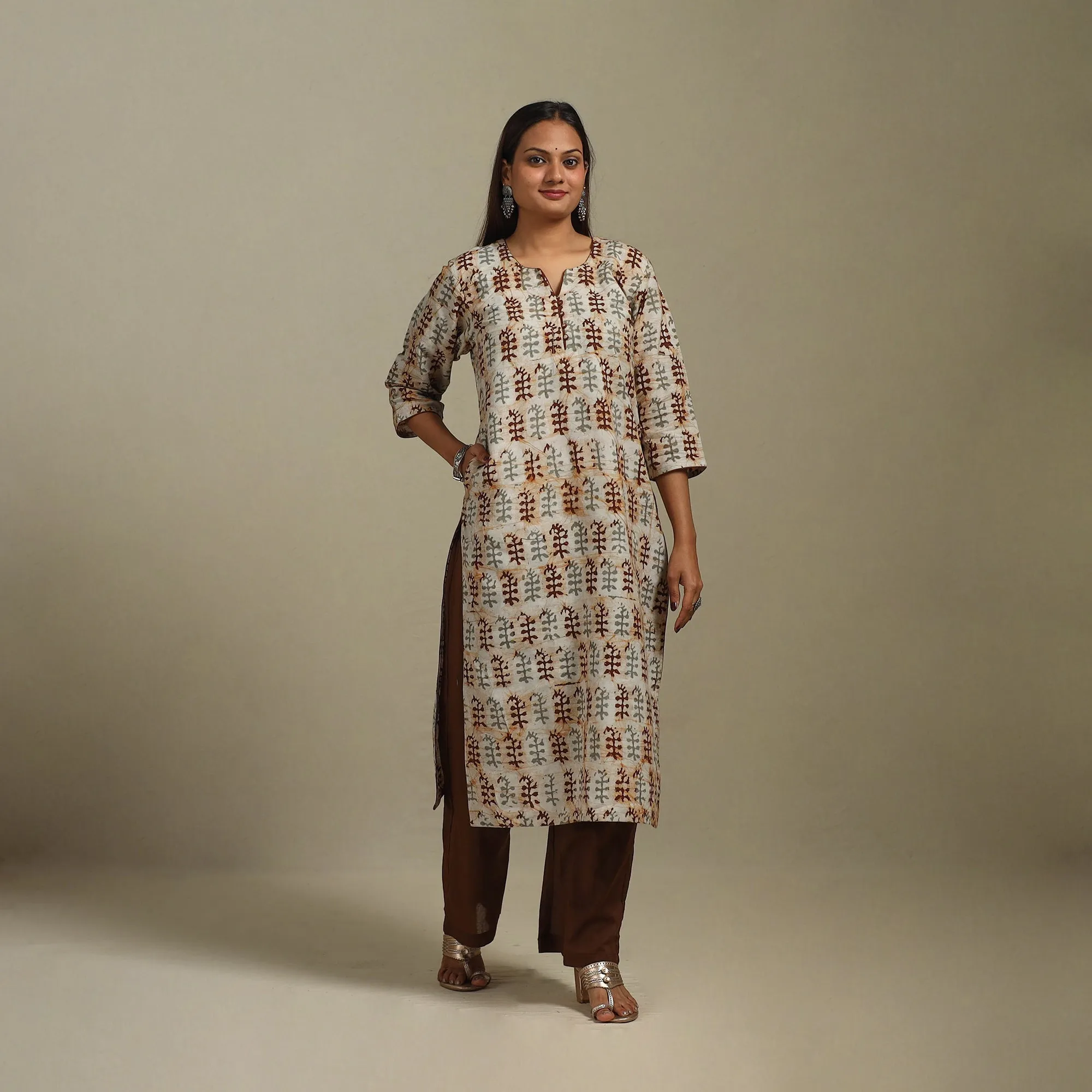 Brown - Straight Cotton Hand Block Batik Print Kurta for women 30 sold by Itokri