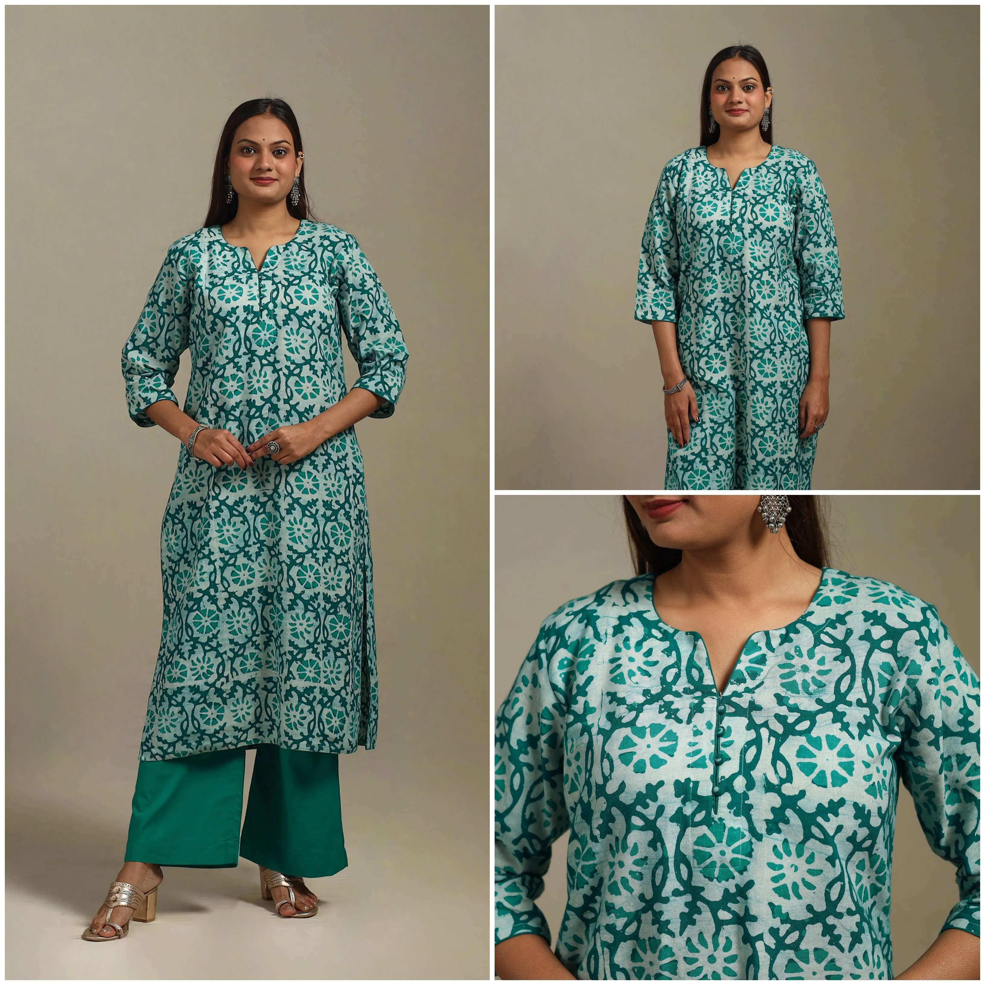 Green - Straight Cotton Hand Block Batik Print Kurta for women 31 sold by Itokri product image thumbnail 3