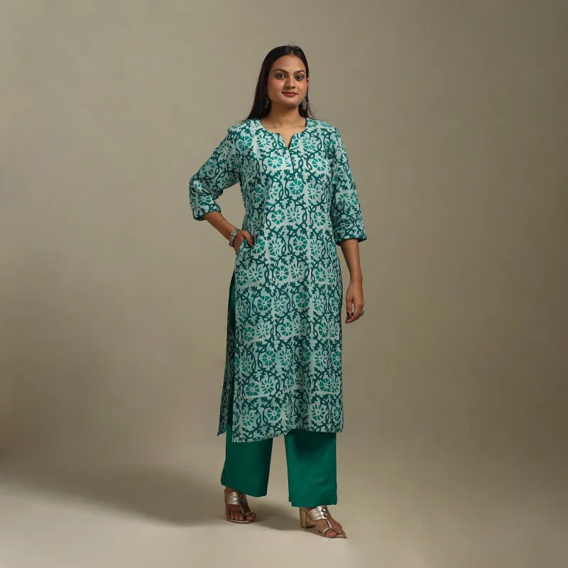 Green - Straight Cotton Hand Block Batik Print Kurta for women 31 sold by Itokri