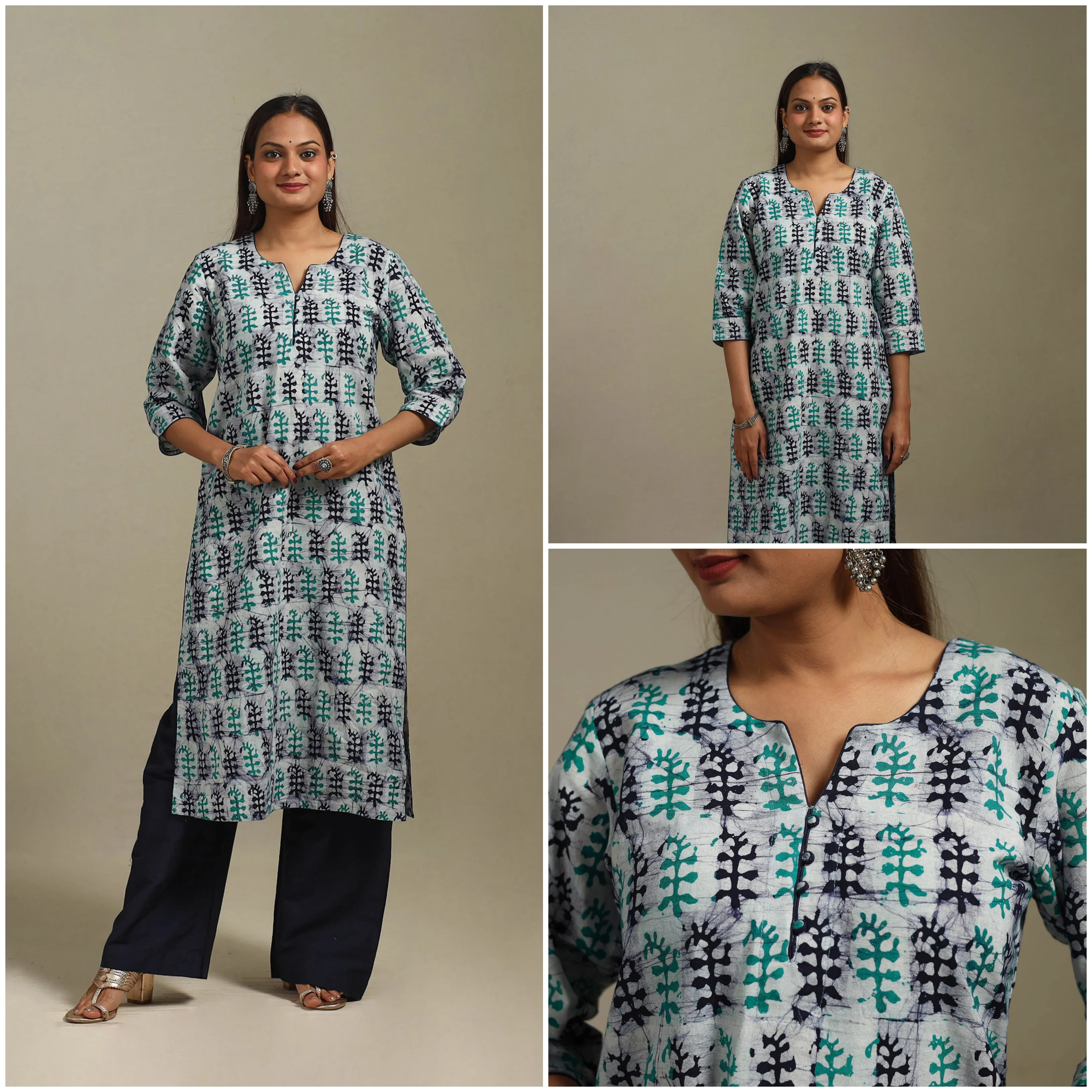 Grey - Straight Cotton Hand Block Batik Print Kurta for women 32 sold by Itokri product image thumbnail 3
