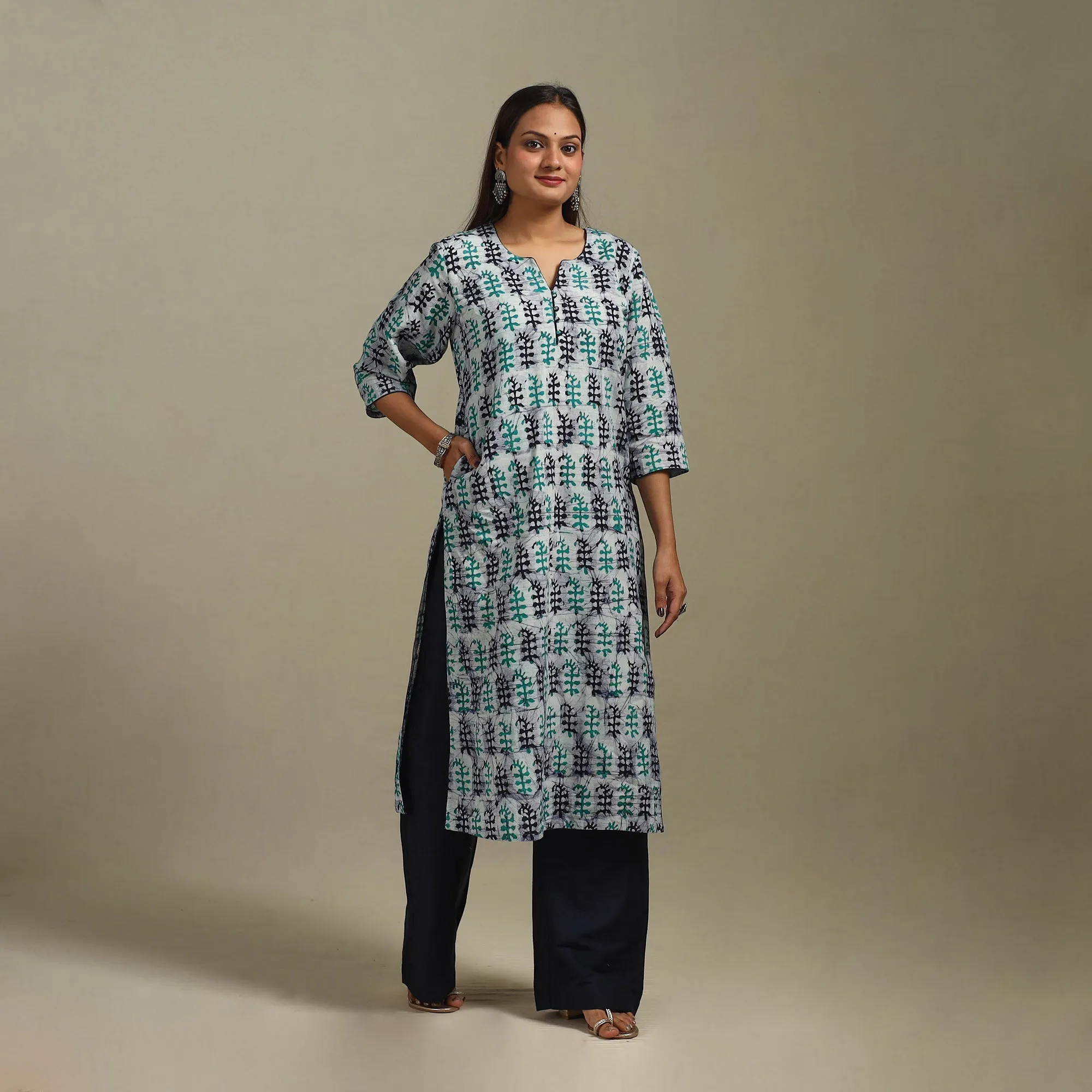 Grey - Straight Cotton Hand Block Batik Print Kurta for women 32 sold by Itokri