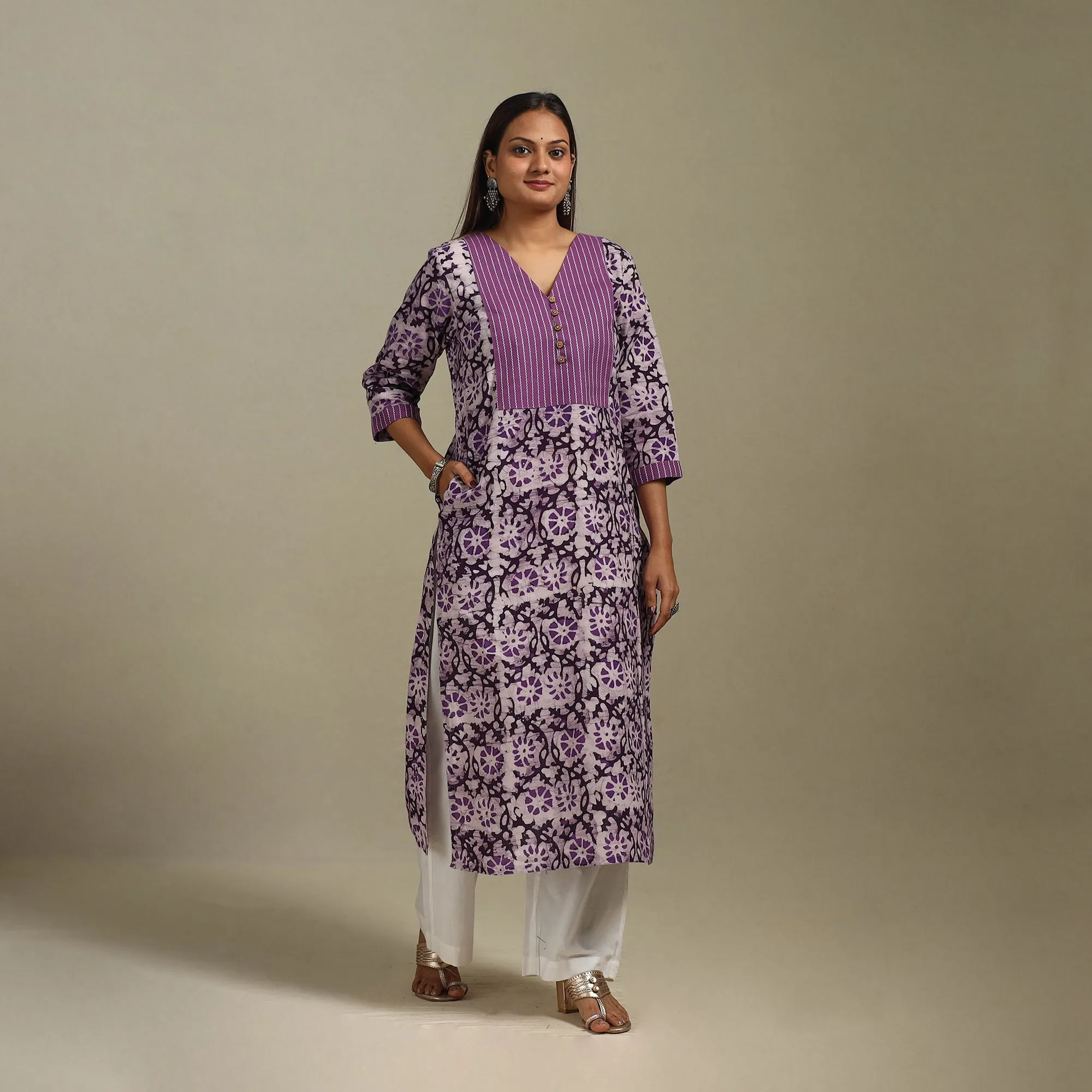 Purple - Straight Patchwork Cotton Hand Block Batik Print Kurta for women 41 sold by Itokri