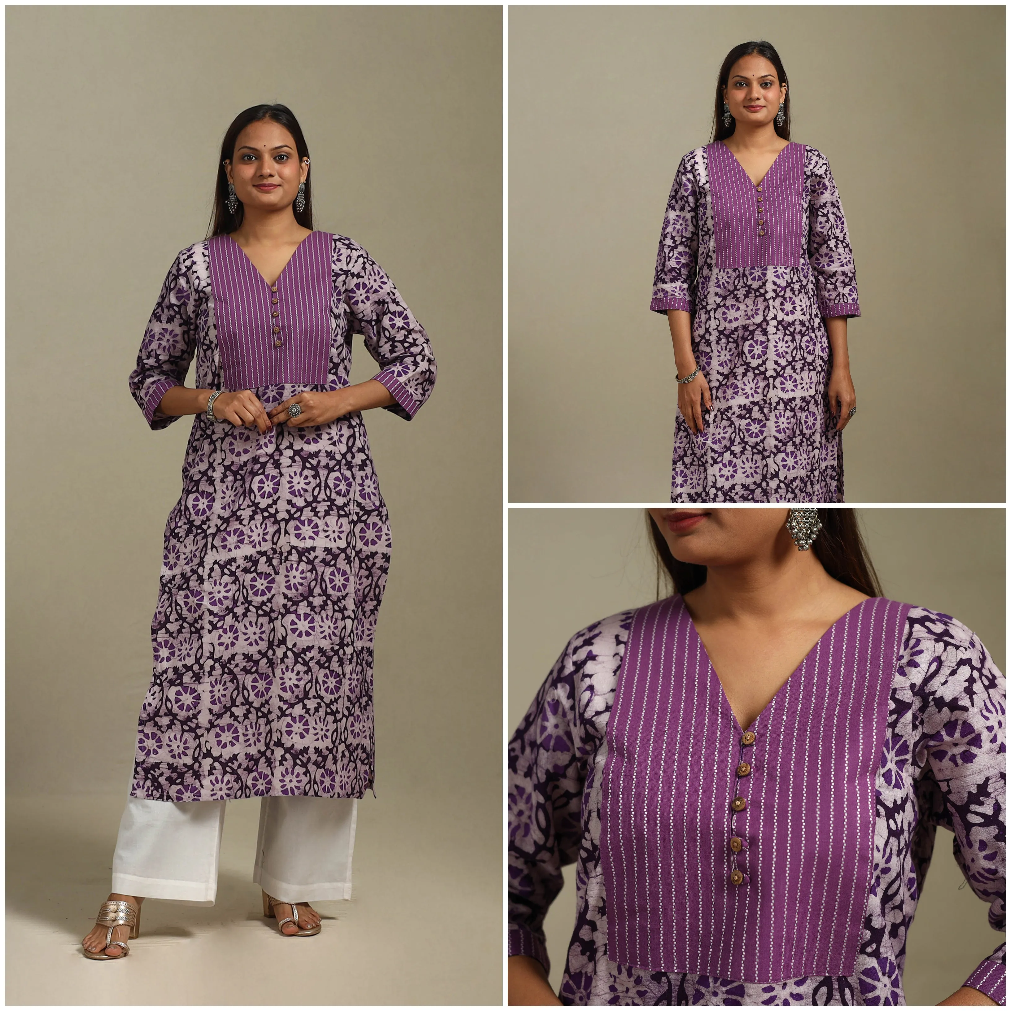 Purple - Straight Patchwork Cotton Hand Block Batik Print Kurta for women 41 sold by Itokri product image thumbnail 3