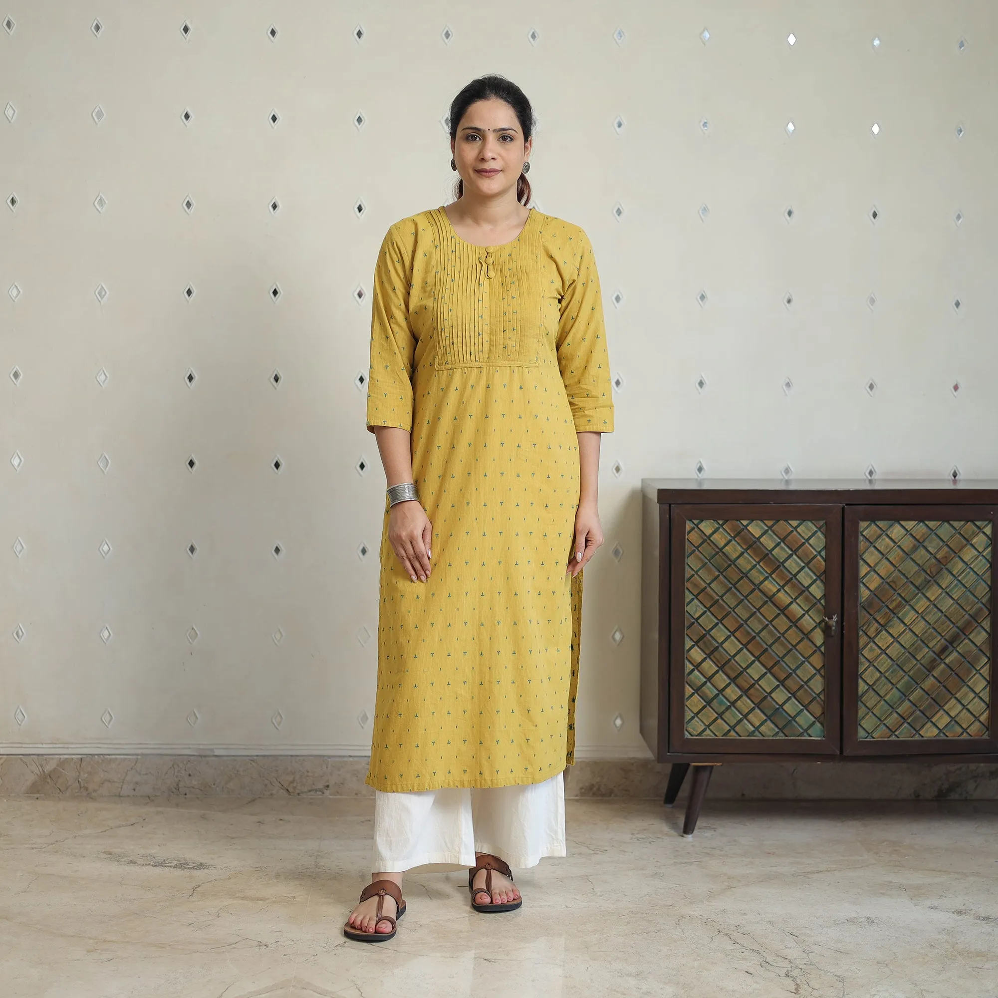 Yellow - Jacquard Cotton Pintuck Straight Kurta 23 sold by Itokri product image thumbnail 2