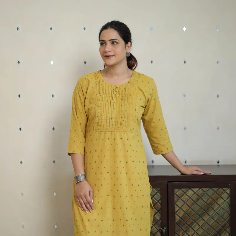 Yellow - Jacquard Cotton Pintuck Straight Kurta 23 sold by Itokri