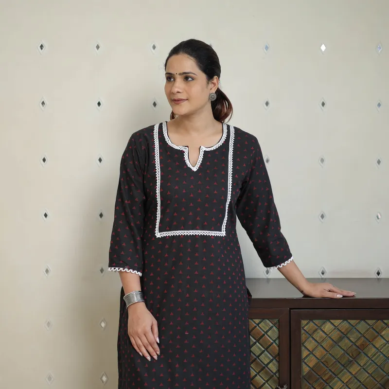 Black - Jacquard Cotton Straight Kurta with Lace Work 31 sold by Itokri