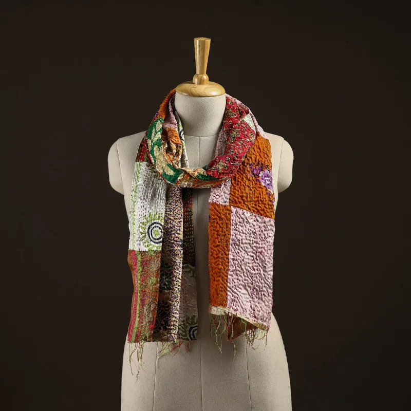Multicolor - Patchwork Reversible Silk Bengal Hand Kantha Stitch Stole 17 sold by Itokri