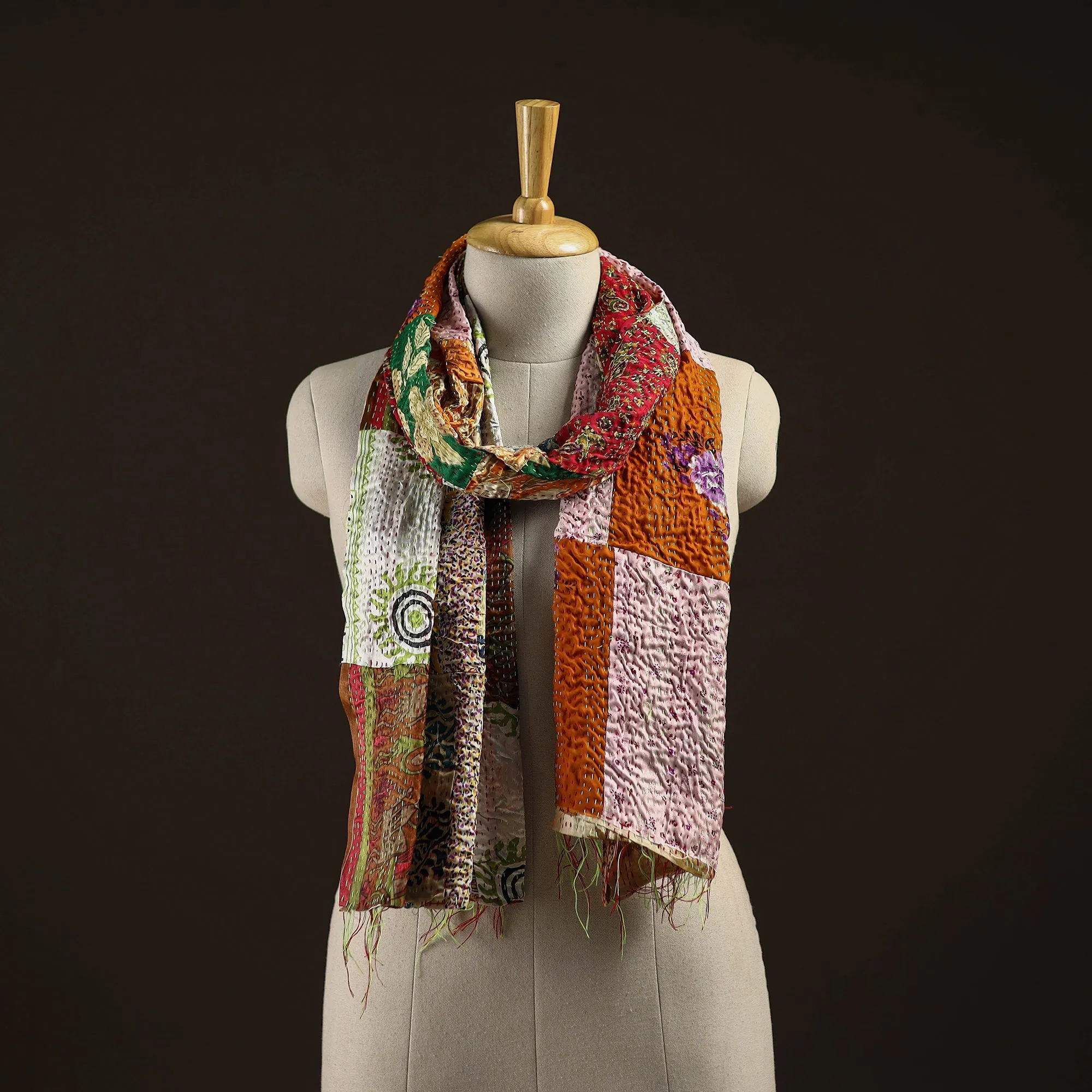 Multicolor - Patchwork Reversible Silk Bengal Hand Kantha Stitch Stole 17 sold by Itokri