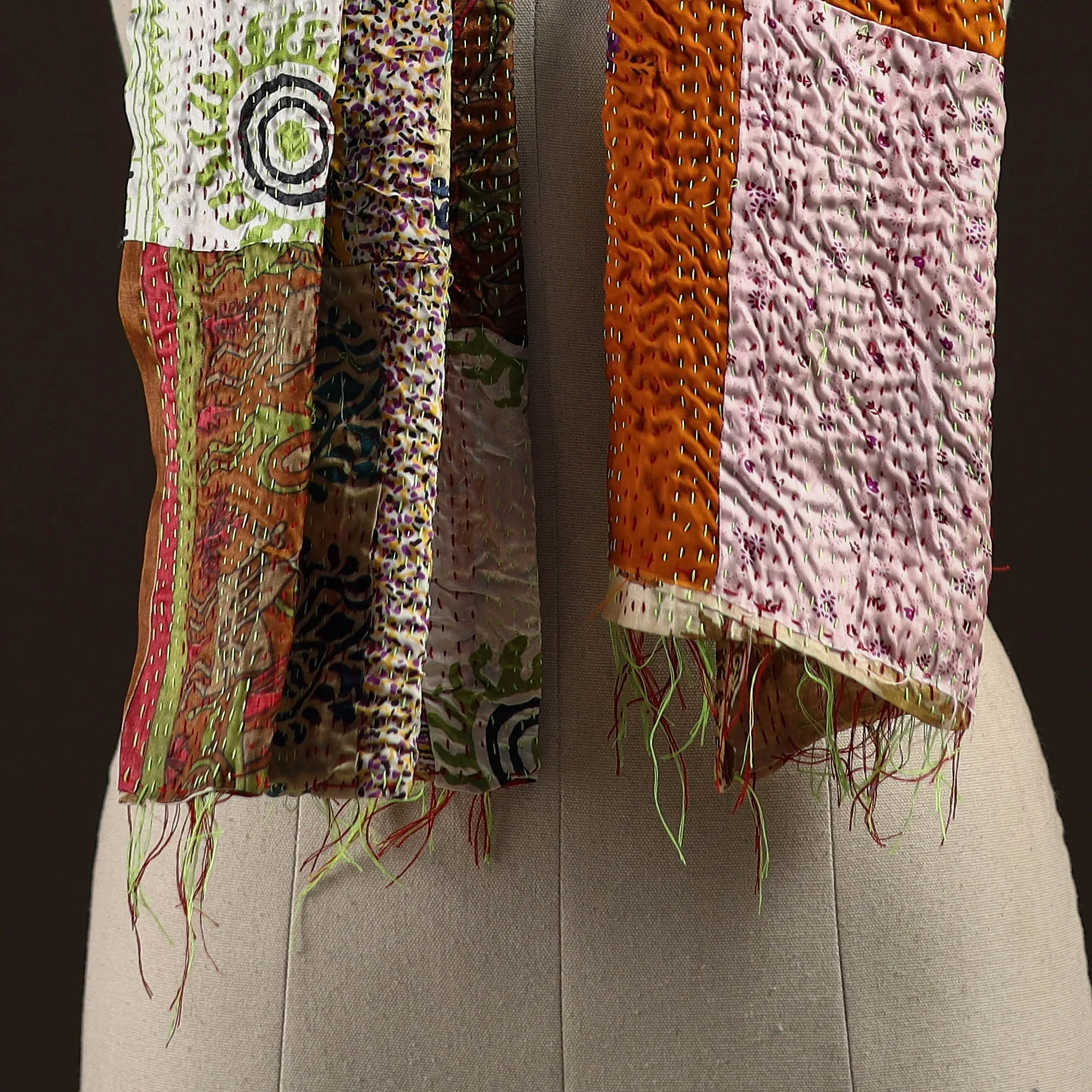 Multicolor - Patchwork Reversible Silk Bengal Hand Kantha Stitch Stole 17 sold by Itokri product image thumbnail 3