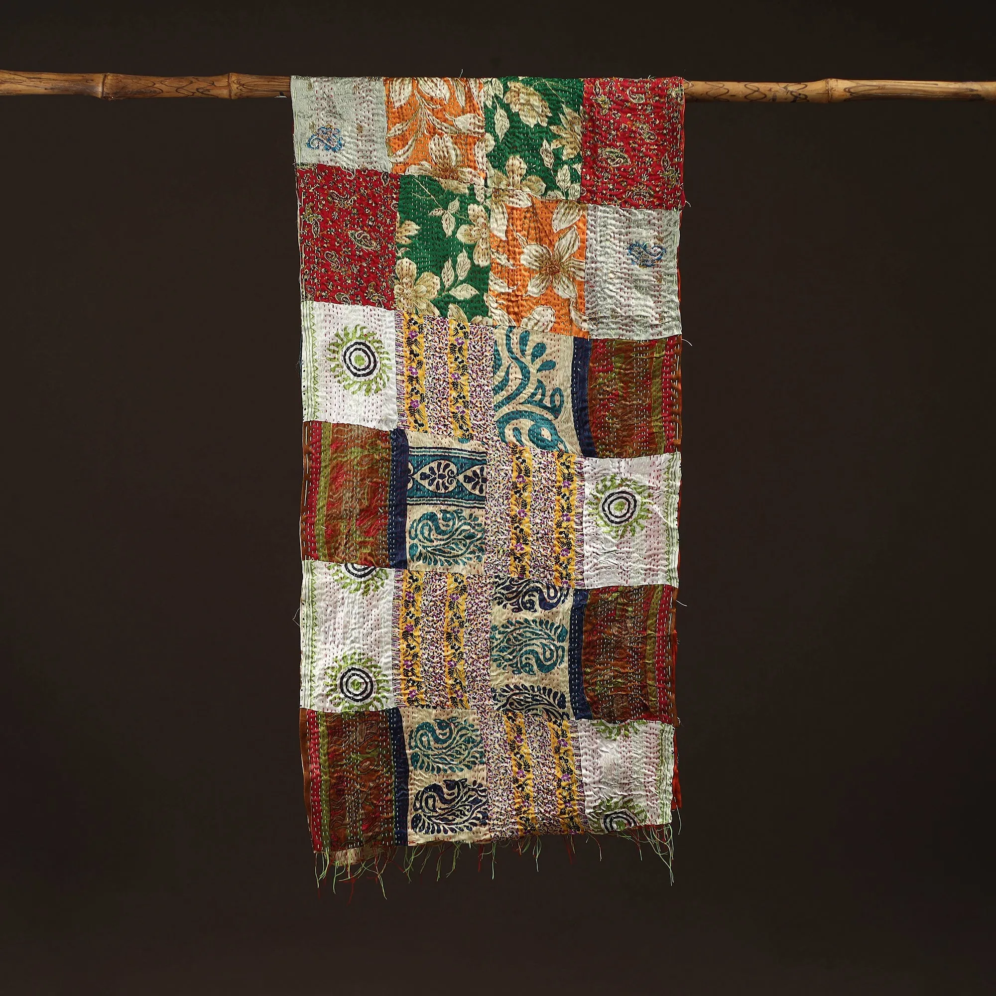 Multicolor - Patchwork Reversible Silk Bengal Hand Kantha Stitch Stole 17 sold by Itokri product image thumbnail 2