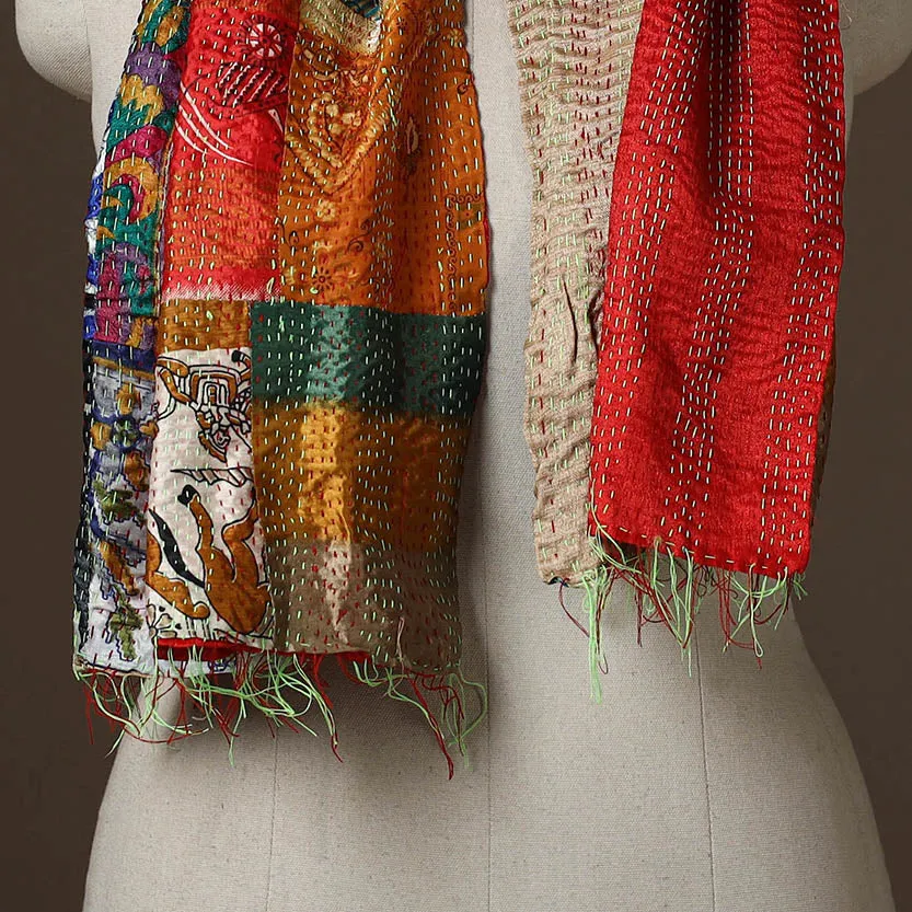 Multicolor - Patchwork Reversible Silk Bengal Hand Kantha Stitch Stole 01 sold by Itokri product image thumbnail 3