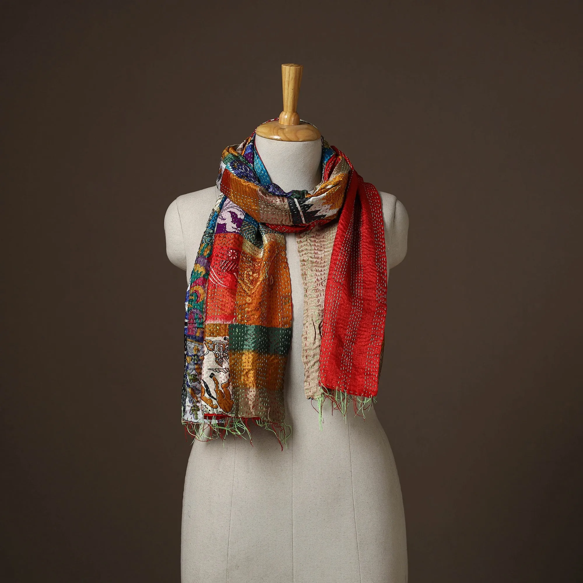 Multicolor - Patchwork Reversible Silk Bengal Hand Kantha Stitch Stole 01 sold by Itokri