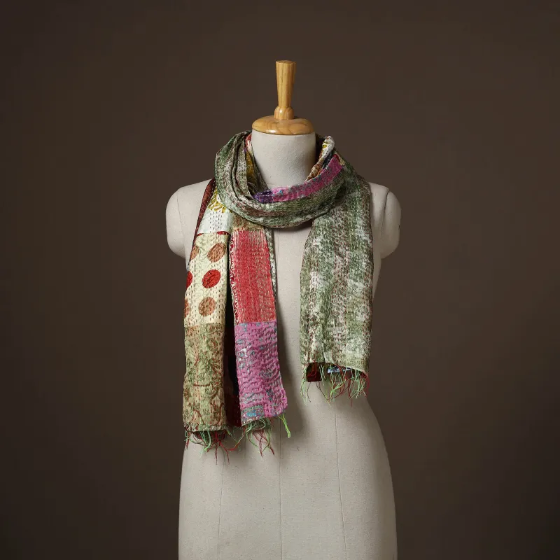 Multicolor - Patchwork Reversible Silk Bengal Hand Kantha Stitch Stole 08 made by Itokri
