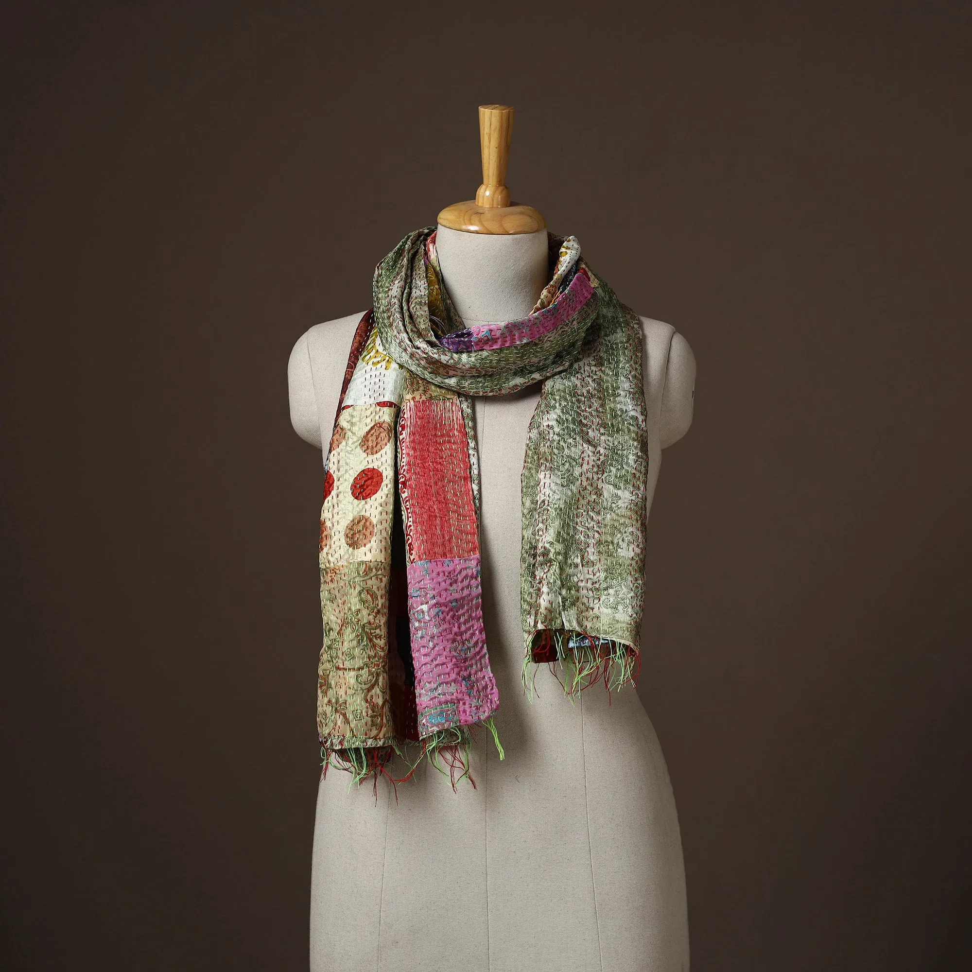 Multicolor - Patchwork Reversible Silk Bengal Hand Kantha Stitch Stole 08 sold by Itokri