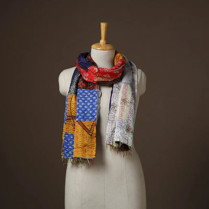 Multicolor - Patchwork Reversible Silk Bengal Hand Kantha Stitch Stole 07 made by Itokri