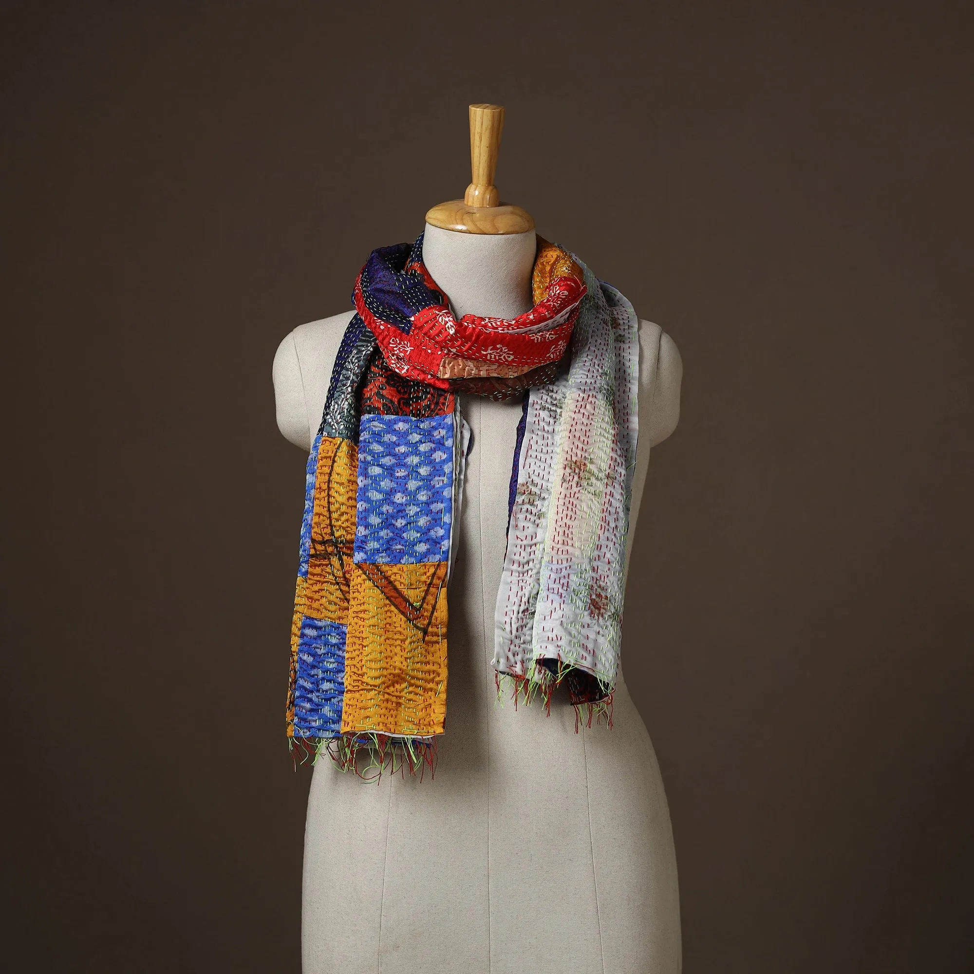 Multicolor - Patchwork Reversible Silk Bengal Hand Kantha Stitch Stole 07 sold by Itokri