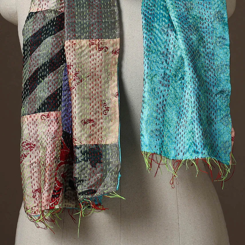 Multicolor - Patchwork Reversible Silk Bengal Hand Kantha Stitch Stole 10 sold by Itokri product image thumbnail 3