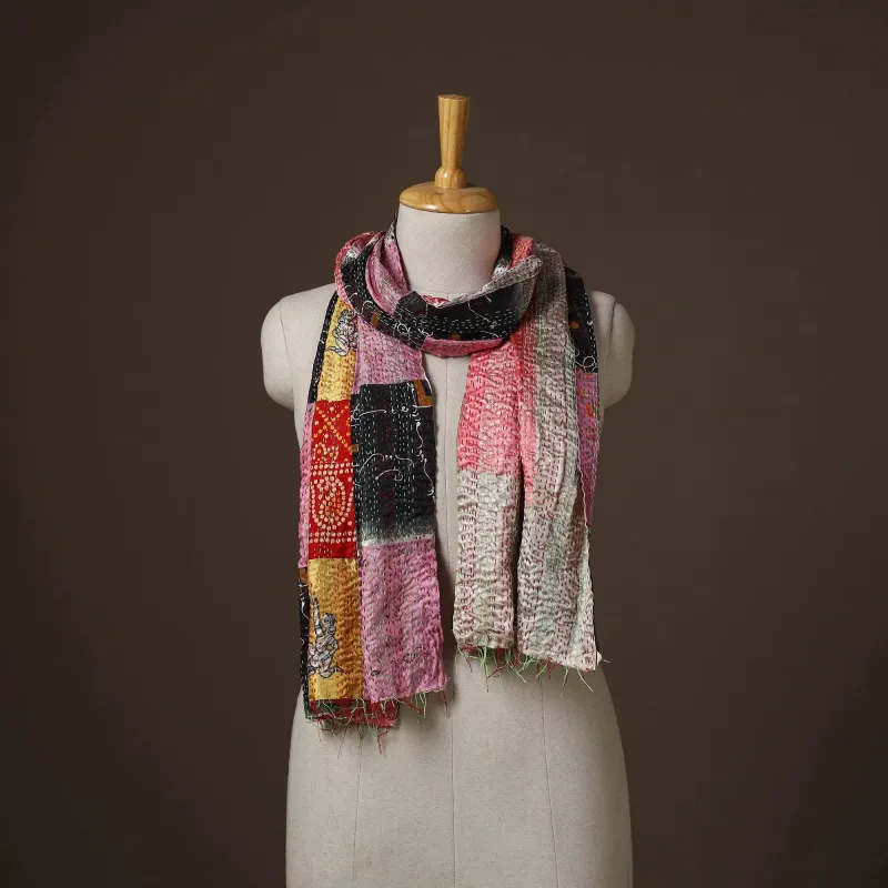 Multicolor - Patchwork Reversible Silk Bengal Hand Kantha Stitch Stole 14 sold by Itokri