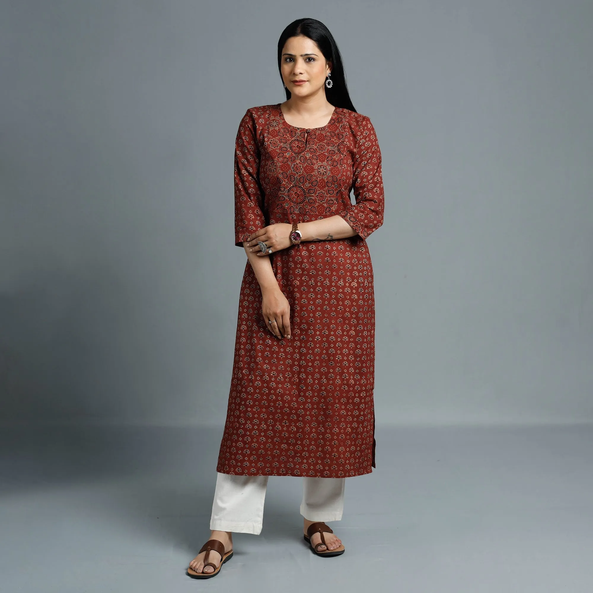 Maroon - Cotton Long Kurta in Ajrakh Block Prints of Kutch sold by Itokri product image thumbnail 3