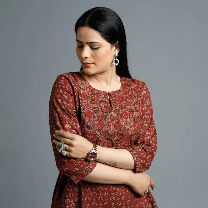 Maroon - Cotton Long Kurta in Ajrakh Block Prints of Kutch sold by Itokri